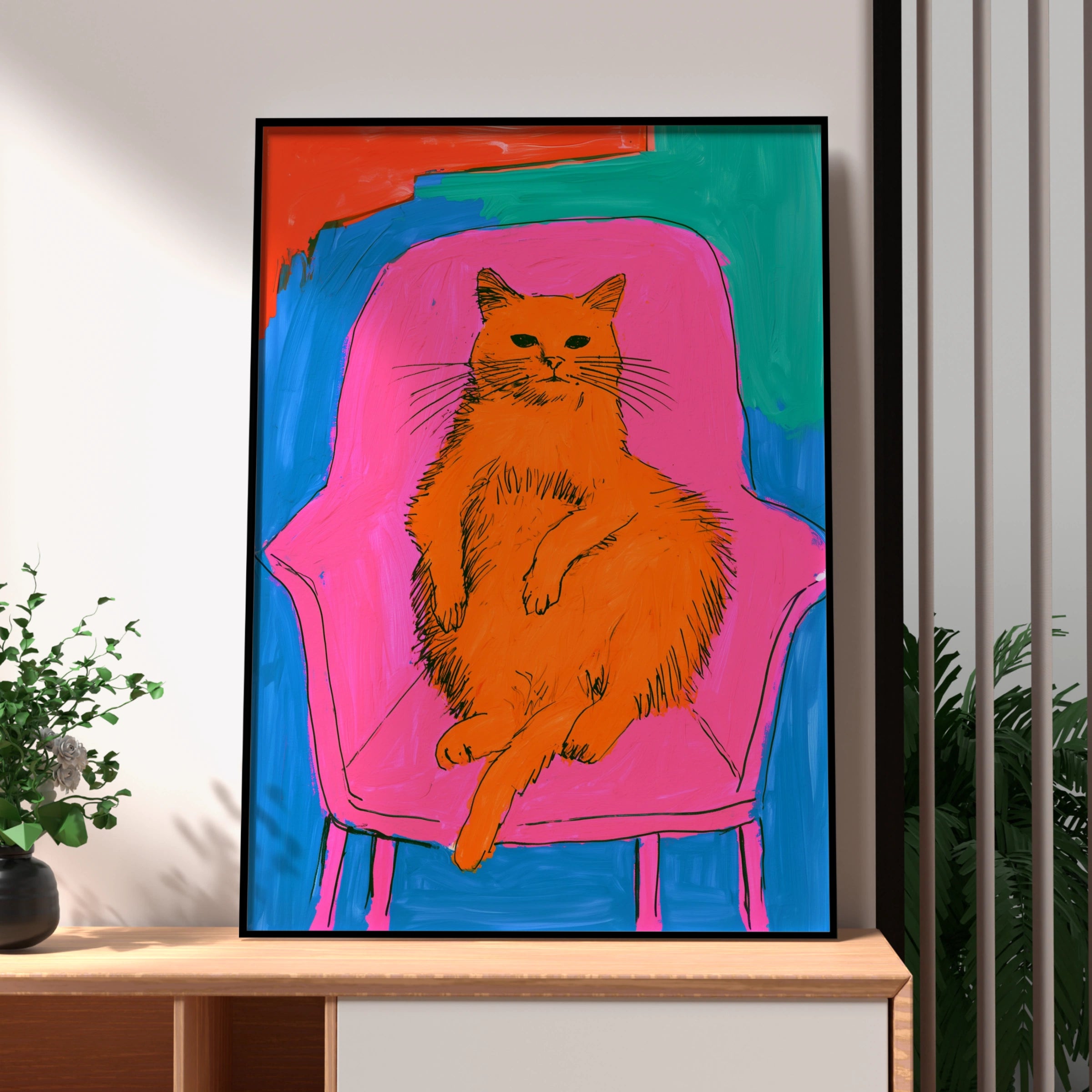 Fat Bored Cat on Armchair Poster, Bold Colourful Pop Art Print