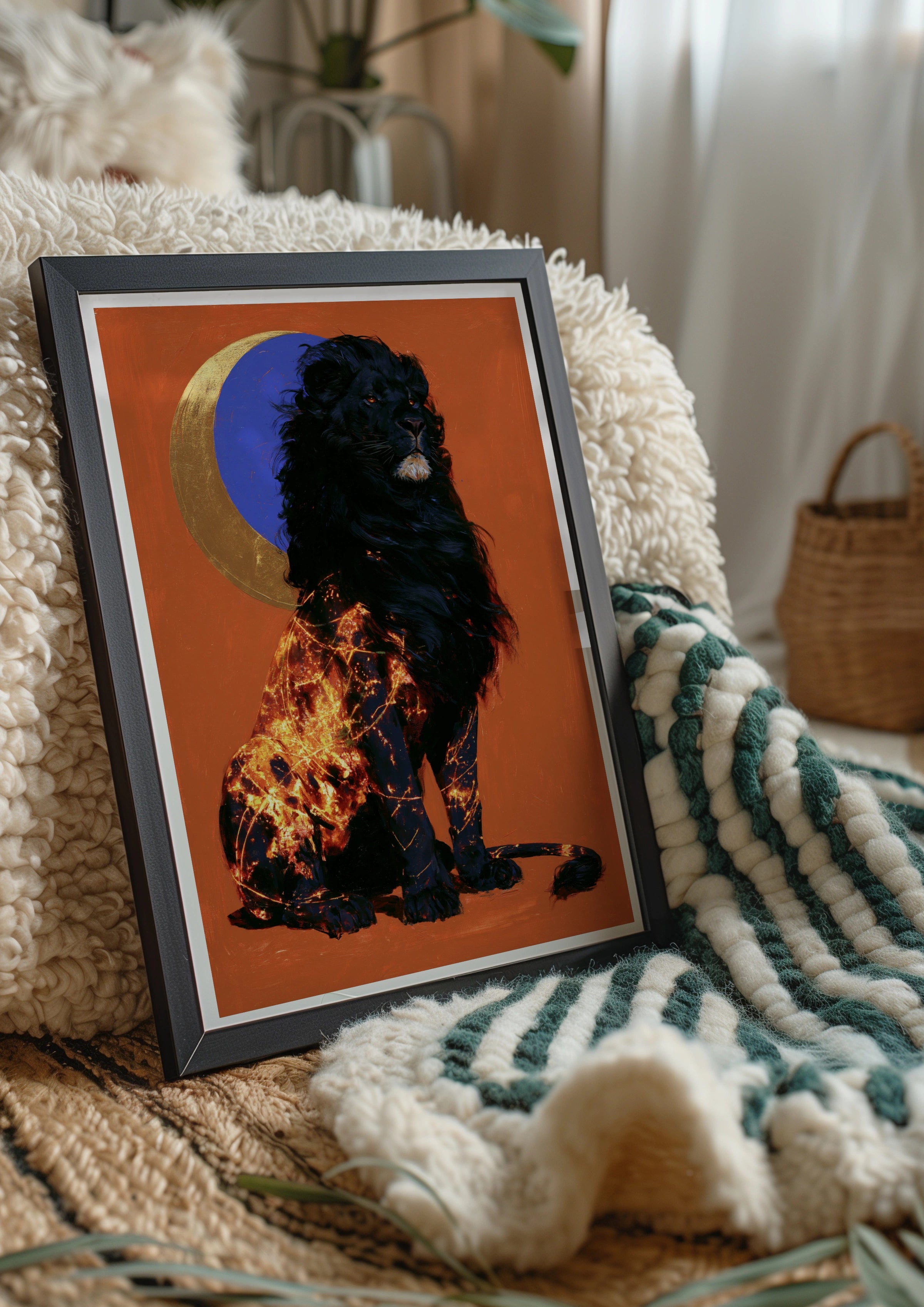 Black Lion Moon Wall Art Poster, Celestial Wildlife Print, Bold Red Gold