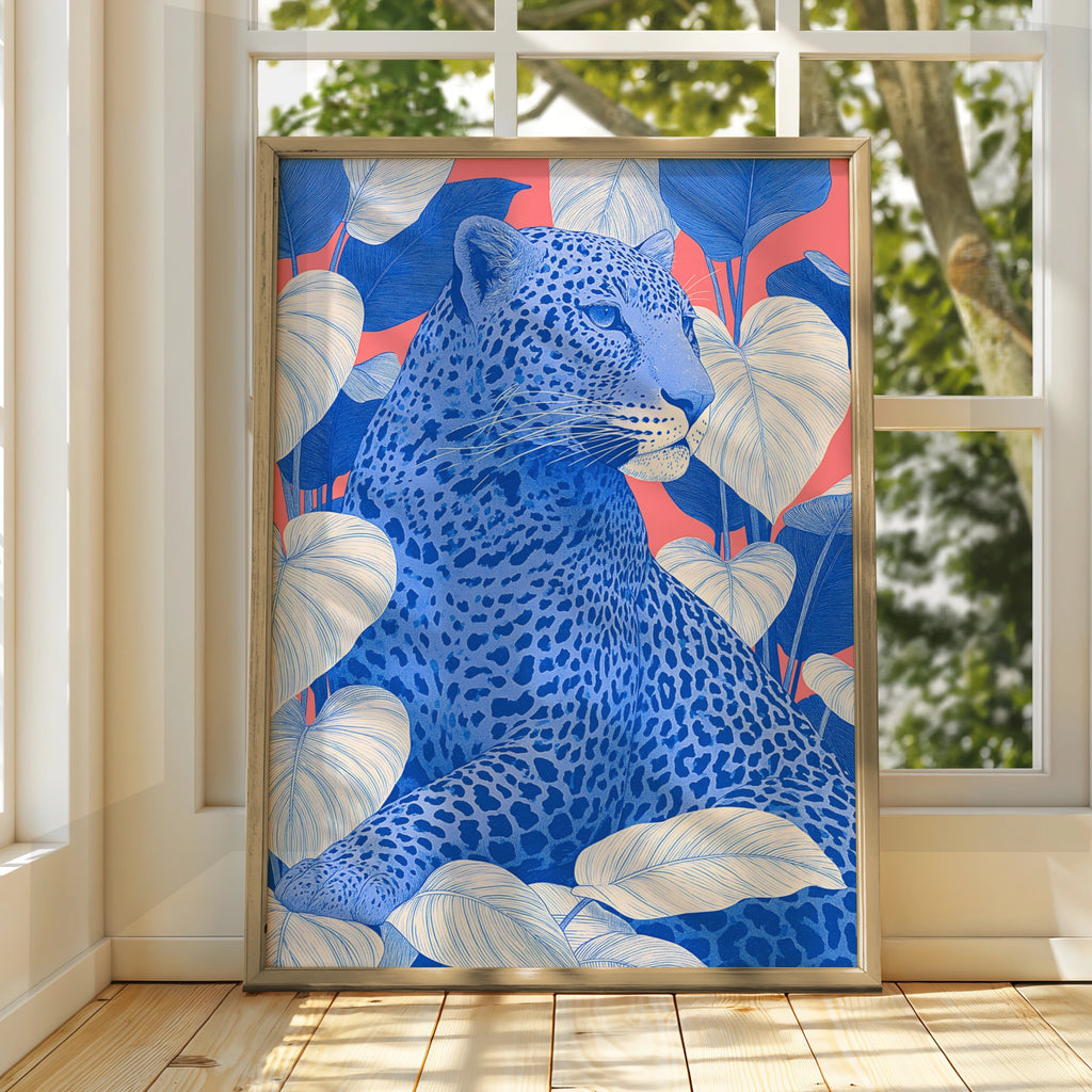 Blue Leopard Tropical Leaves Poster, Bold Pink Wildlife Wall Art Print