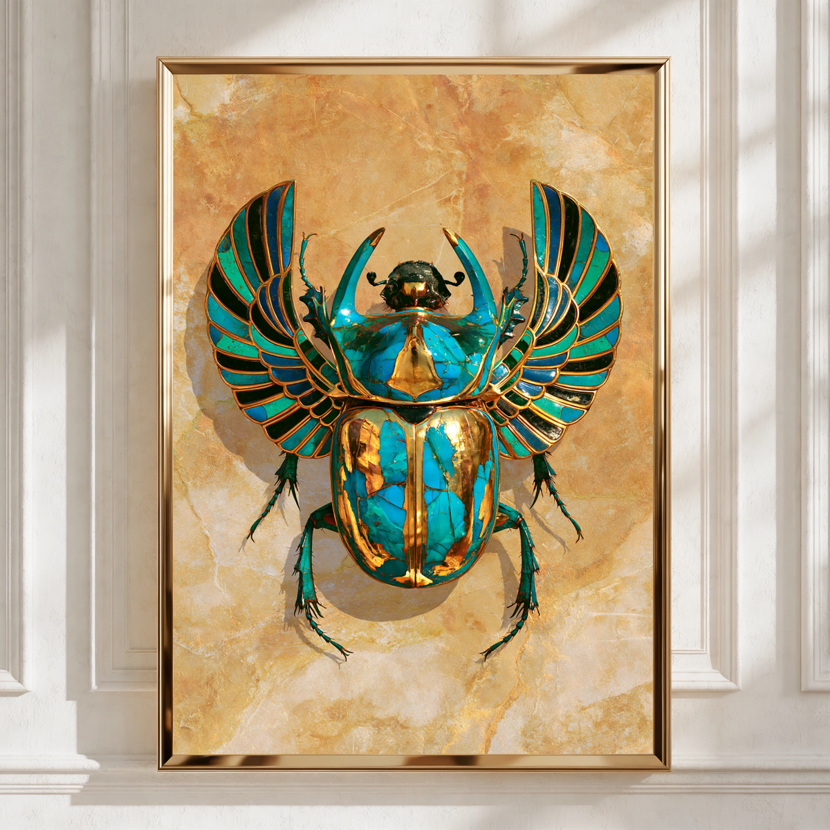 Egyptian Scarab Beetle Poster, Turquoise Gold Art Print, Ancient Egypt Wall Art