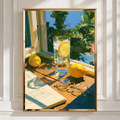 Gin Tonic Lemon Glass Windowsill Poster, Summer Reading Still Life Print