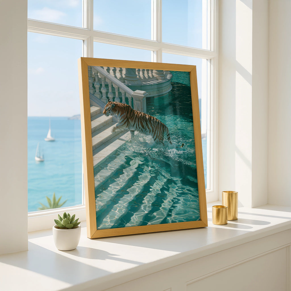 Tiger Leaping into Water, Villa Pool Wall Art Poster, Surreal Style