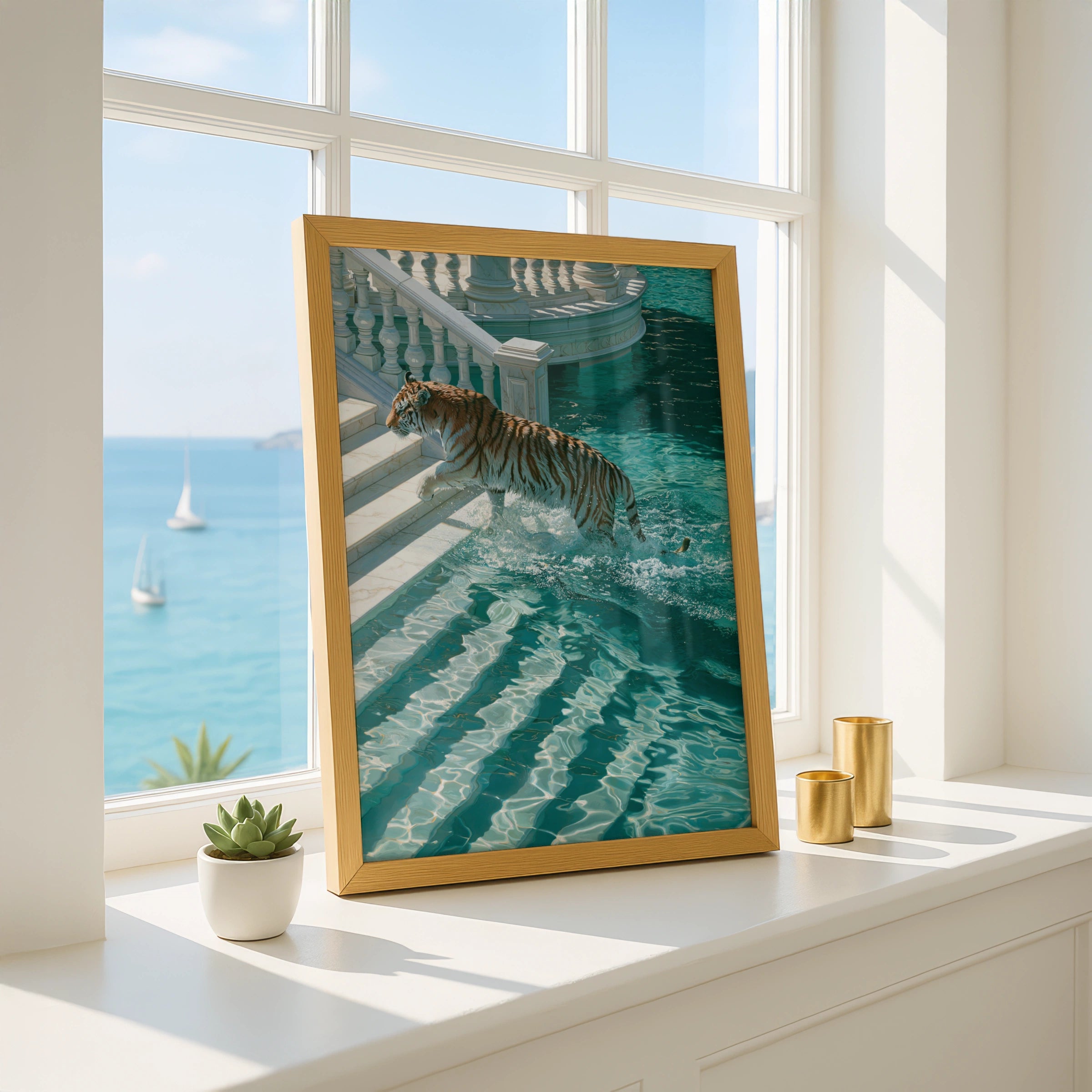 Tiger Leaping into Water, Villa Pool Wall Art Poster, Surreal Style