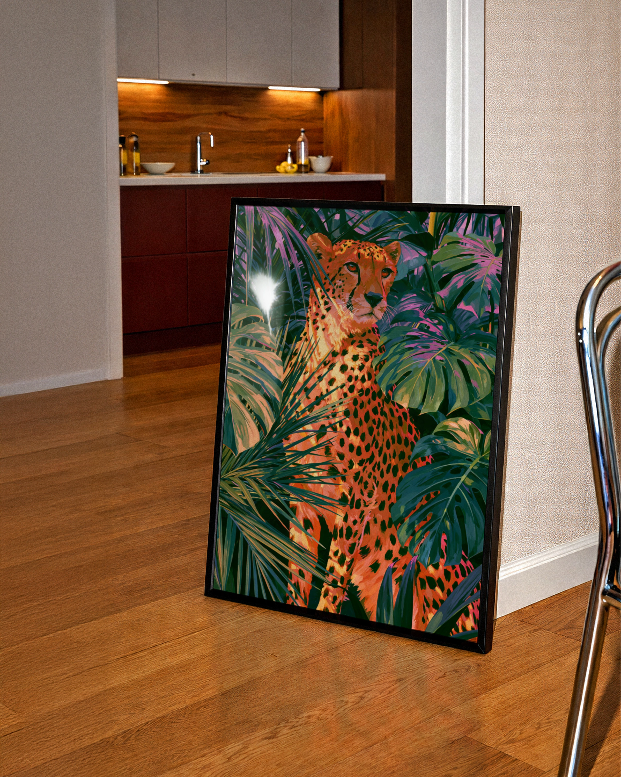 Cheetah Tropical Jungle Poster, Palm Monstera Leaves, Bold Colourful Wall Art