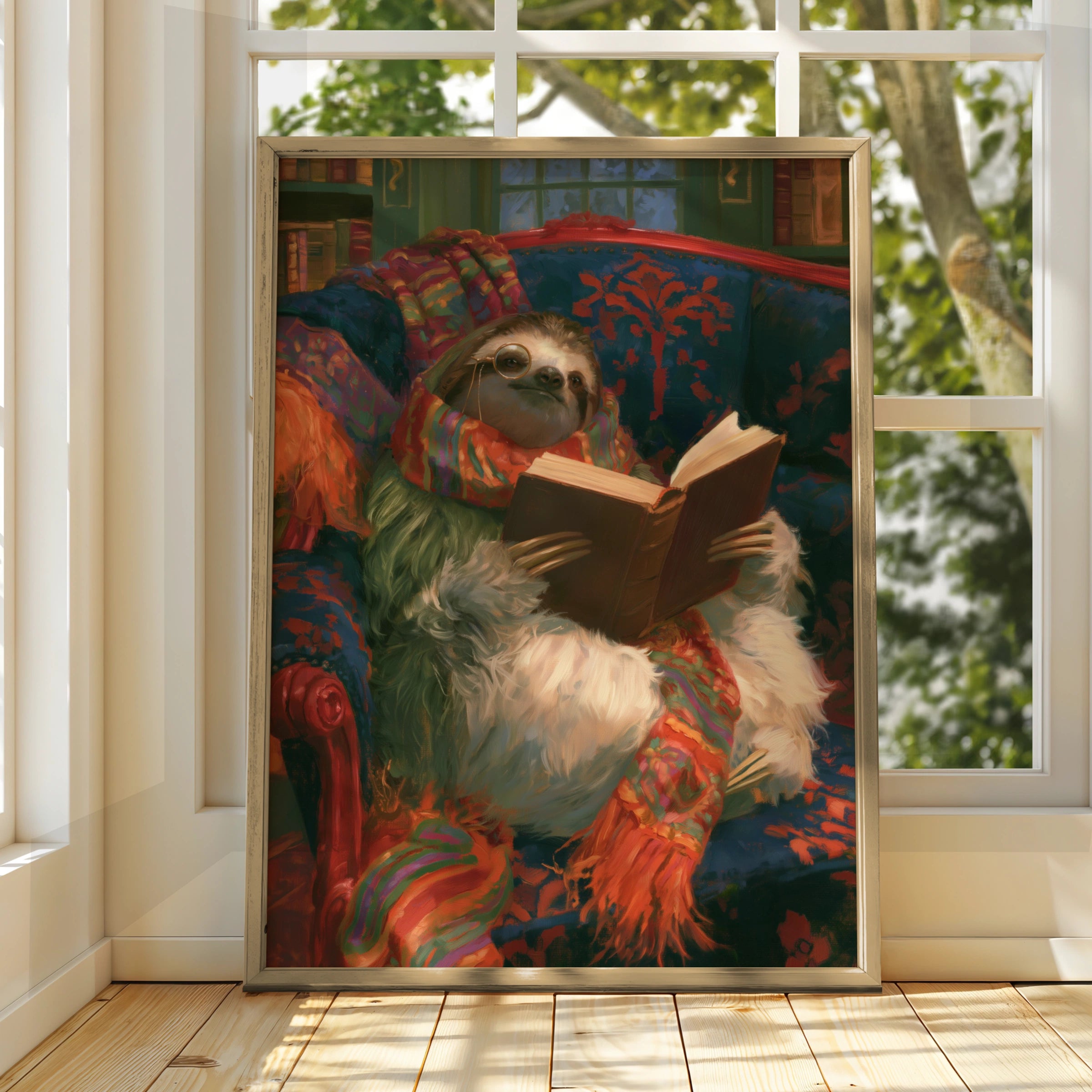 Reading Sloth Wall Art Poster, Cosy Library Print, Whimsical Animal Art