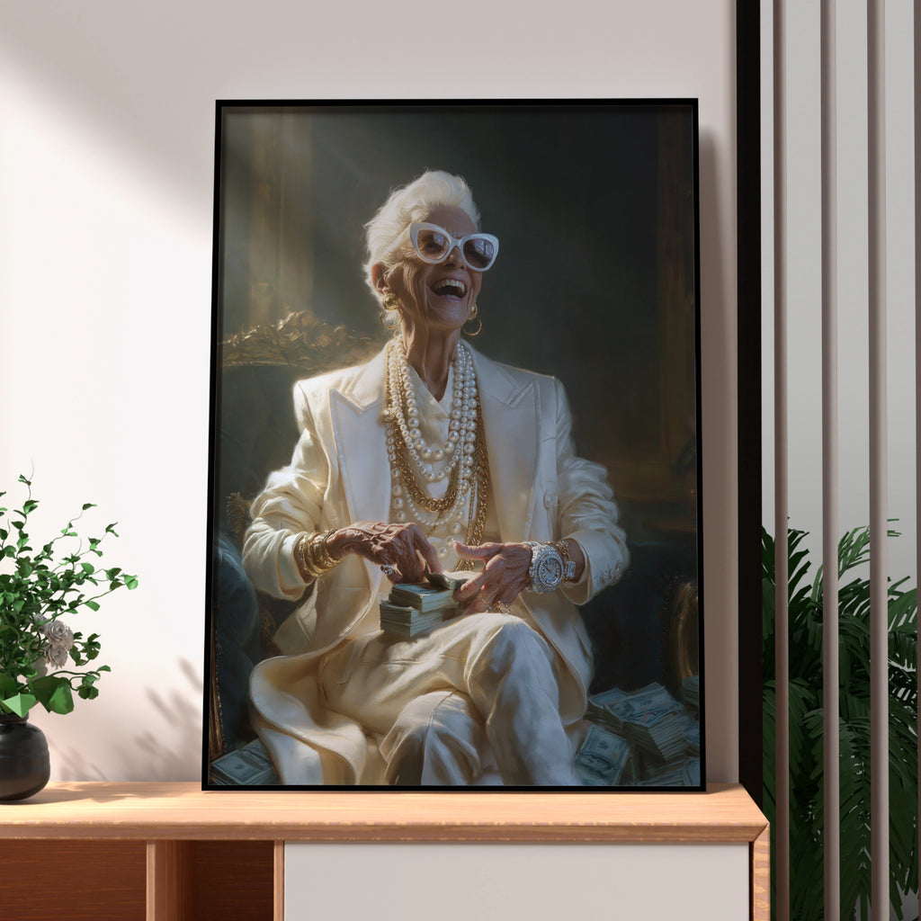 Glamorous Grandma Counting Money Poster, Funny Wealthy Older Woman Wall Art