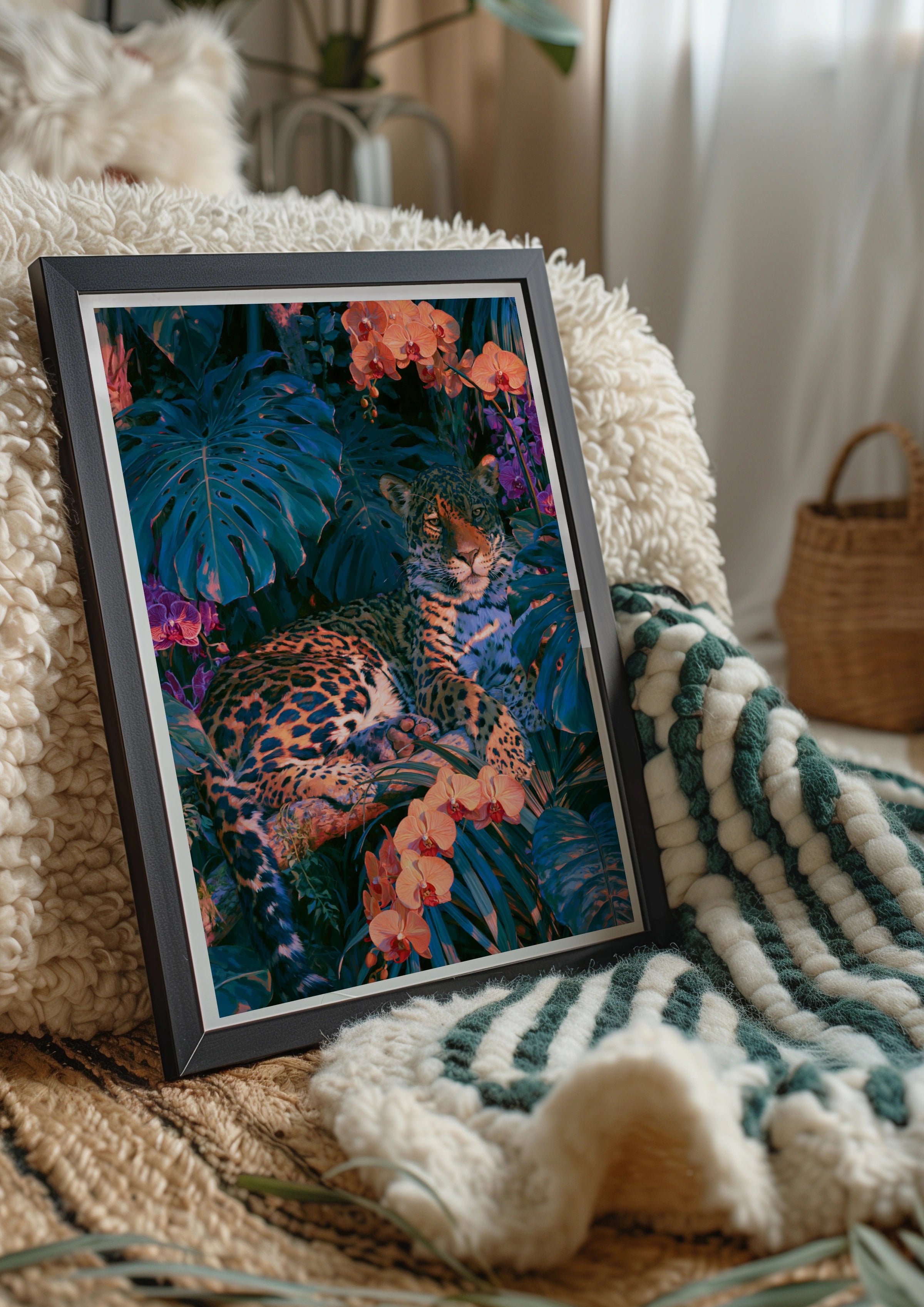 Jaguar Orange Orchids Tropical Jungle Poster, Wild Cat Art Print