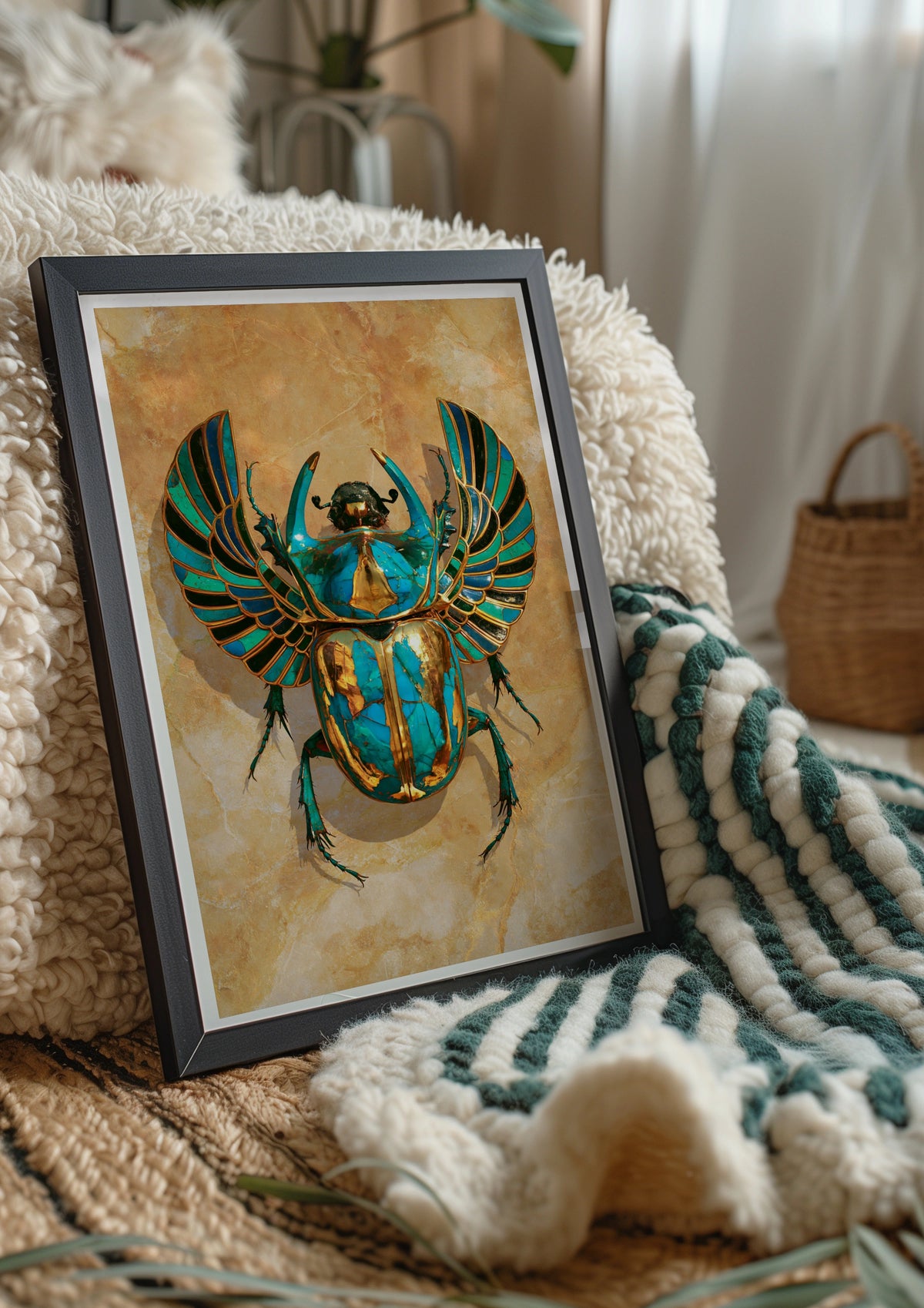 Egyptian Scarab Beetle Poster, Turquoise Gold Art Print, Ancient Egypt Wall Art