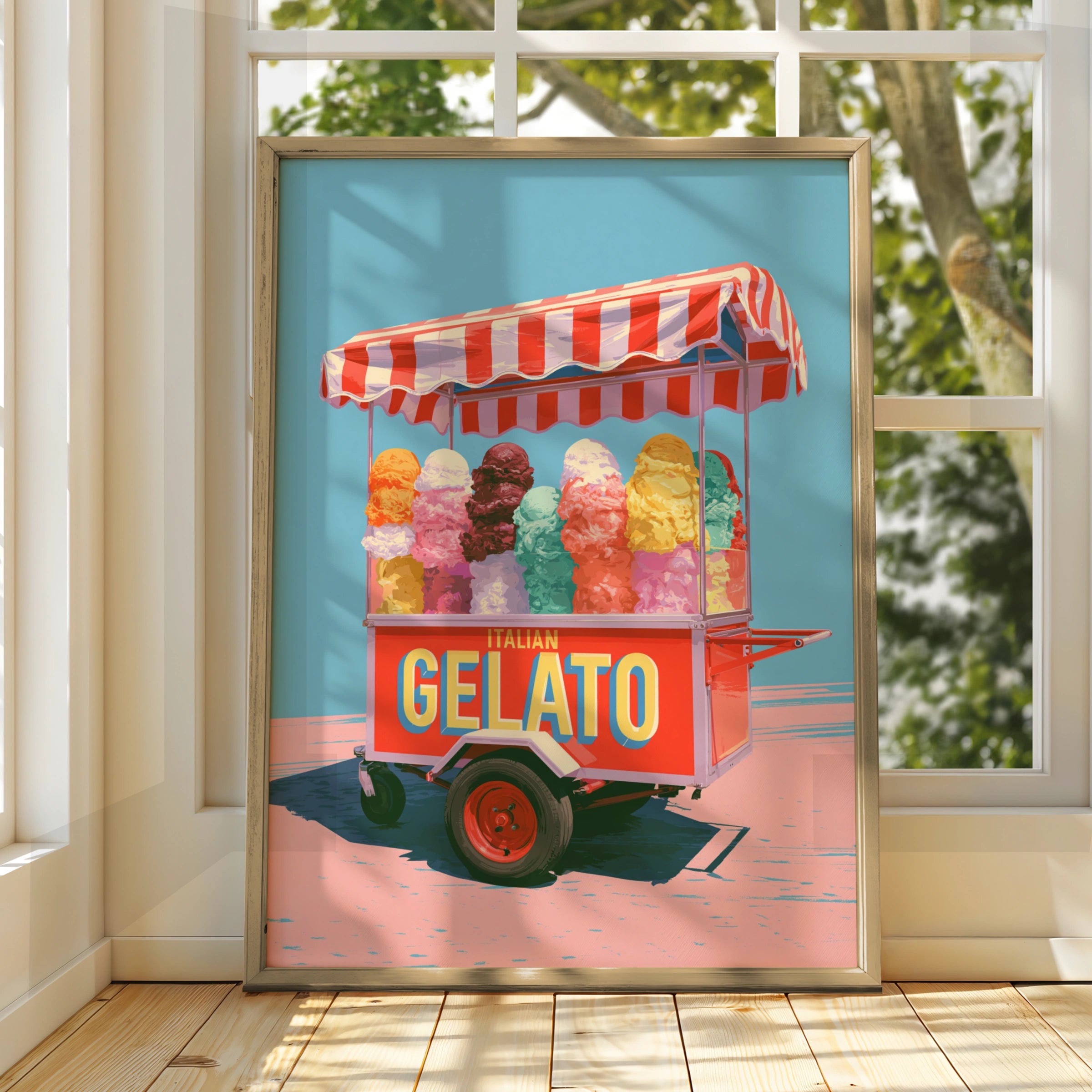 Italian Gelato Cart Poster, Retro Ice Cream Print, Colourful Kitchen Wall Art