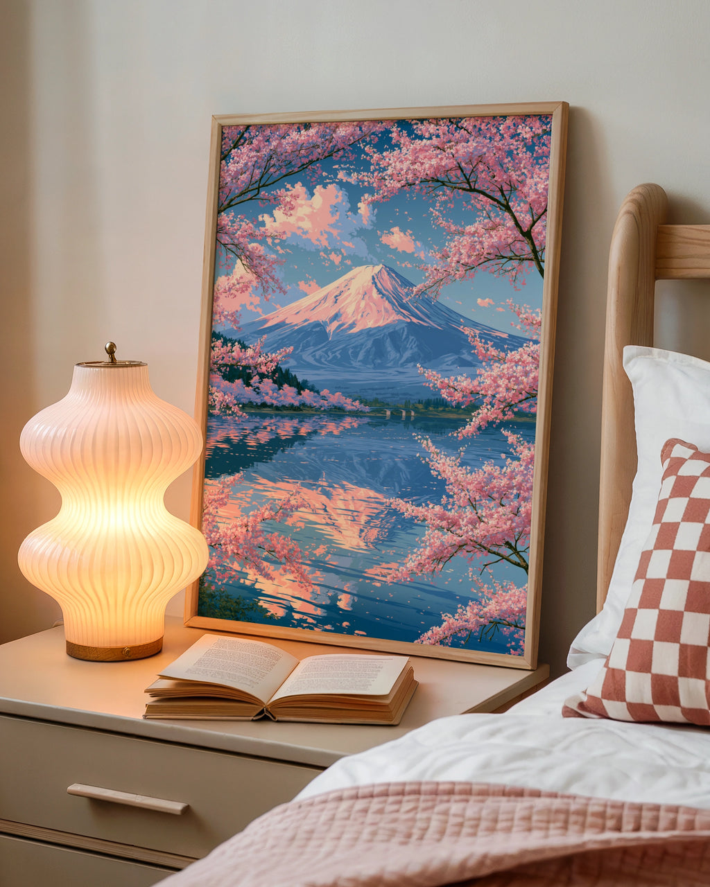 Mount Fuji Cherry Blossom Poster, Japan Lake Reflection Wall Art, Sakura Print