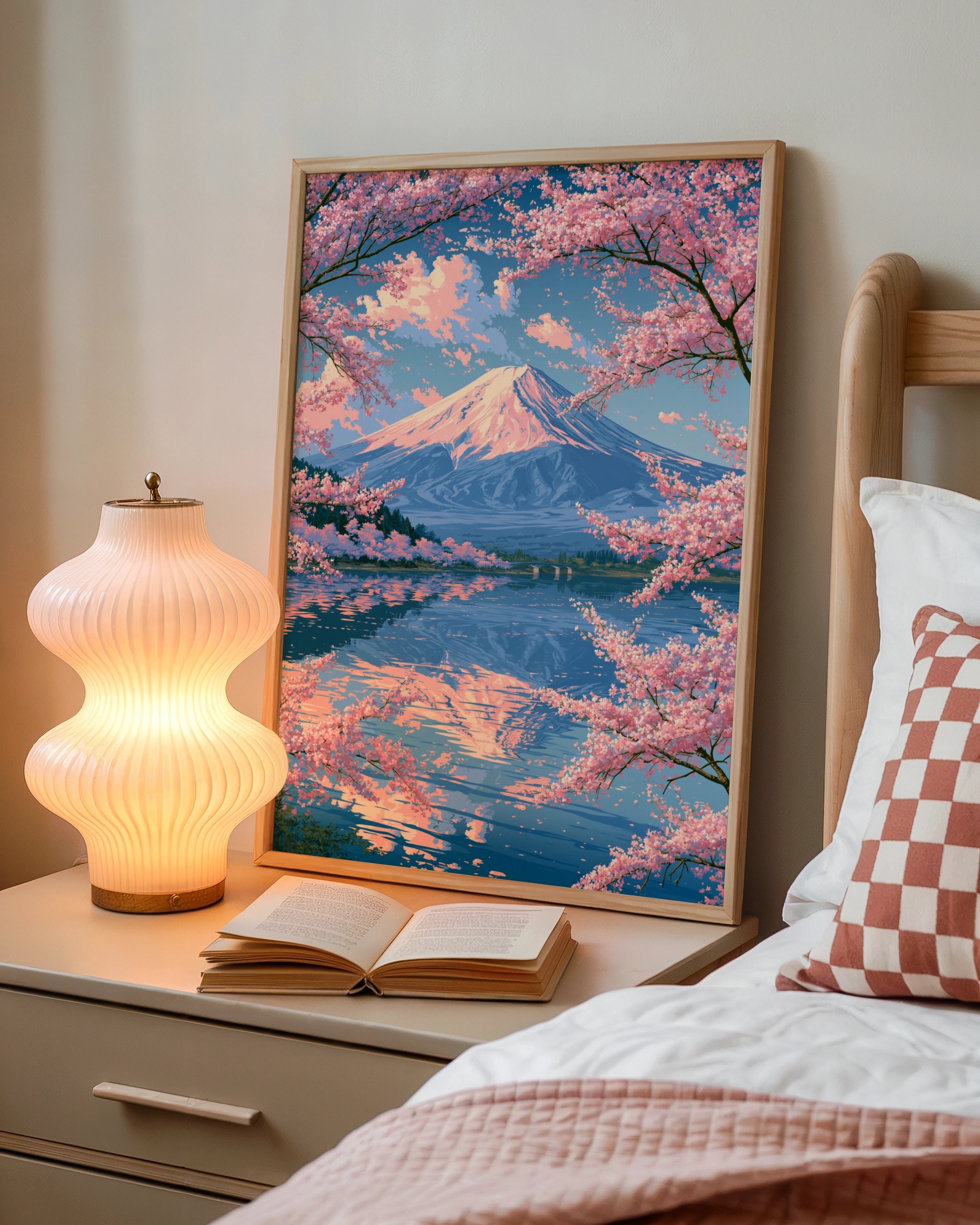 Mount Fuji Cherry Blossom Poster, Japan Lake Reflection Wall Art, Sakura Print