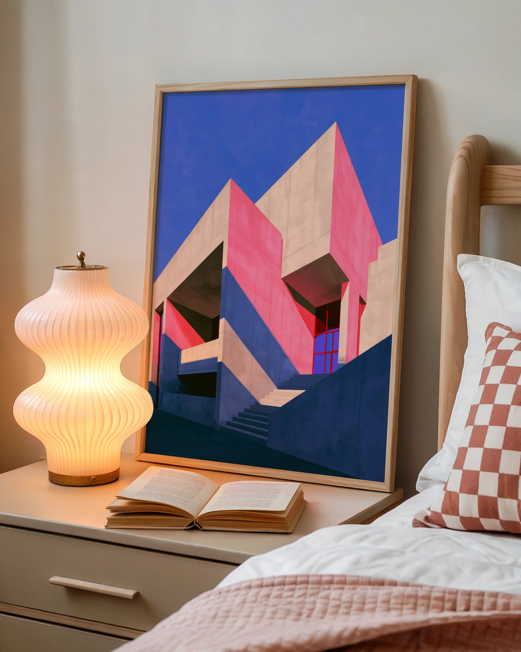 Brutalist Architecture Poster, Pink Purple Concrete Building, Bold Geometric Wall Art