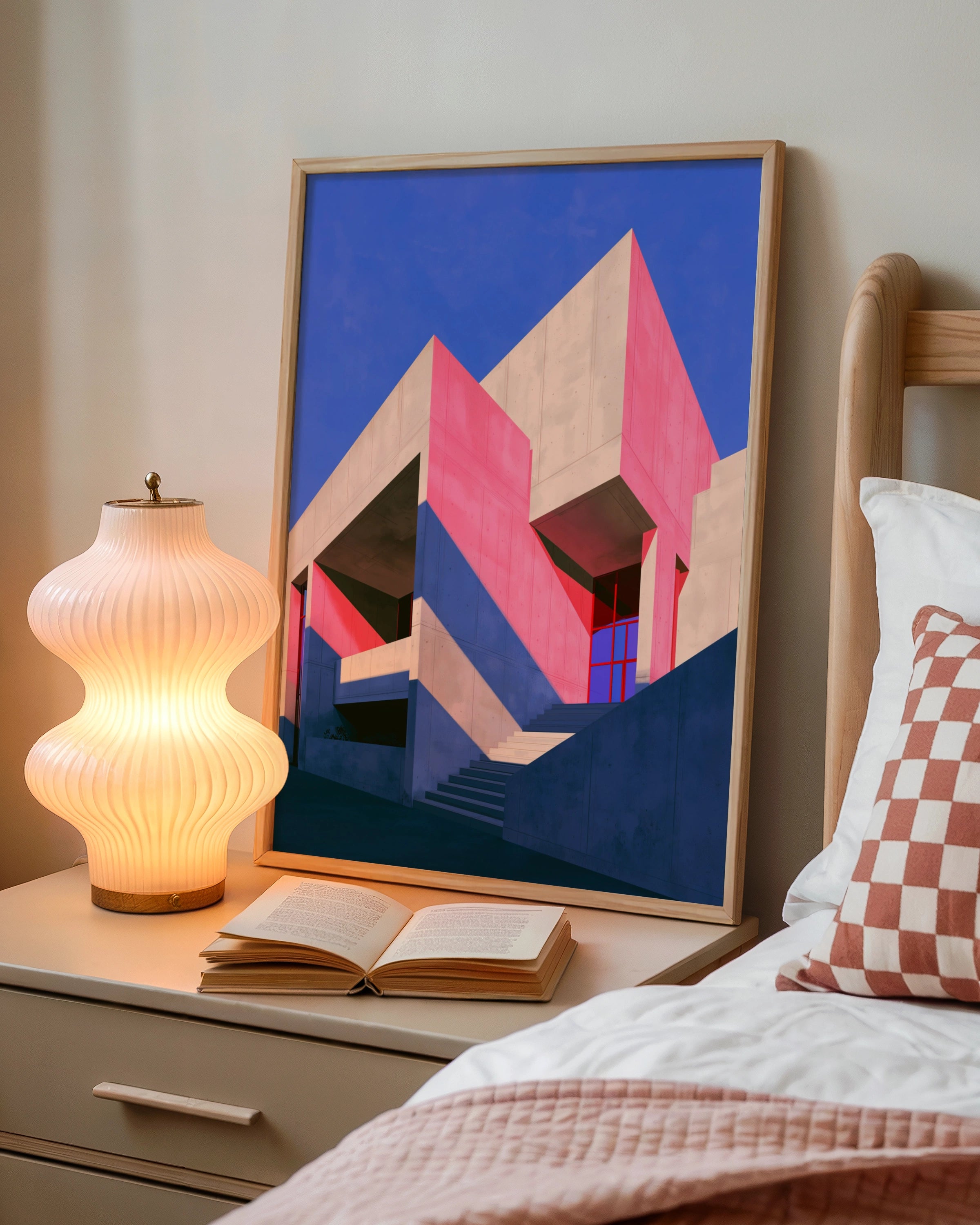 Brutalist Architecture Poster, Pink Purple Concrete Building, Bold Geometric Wall Art