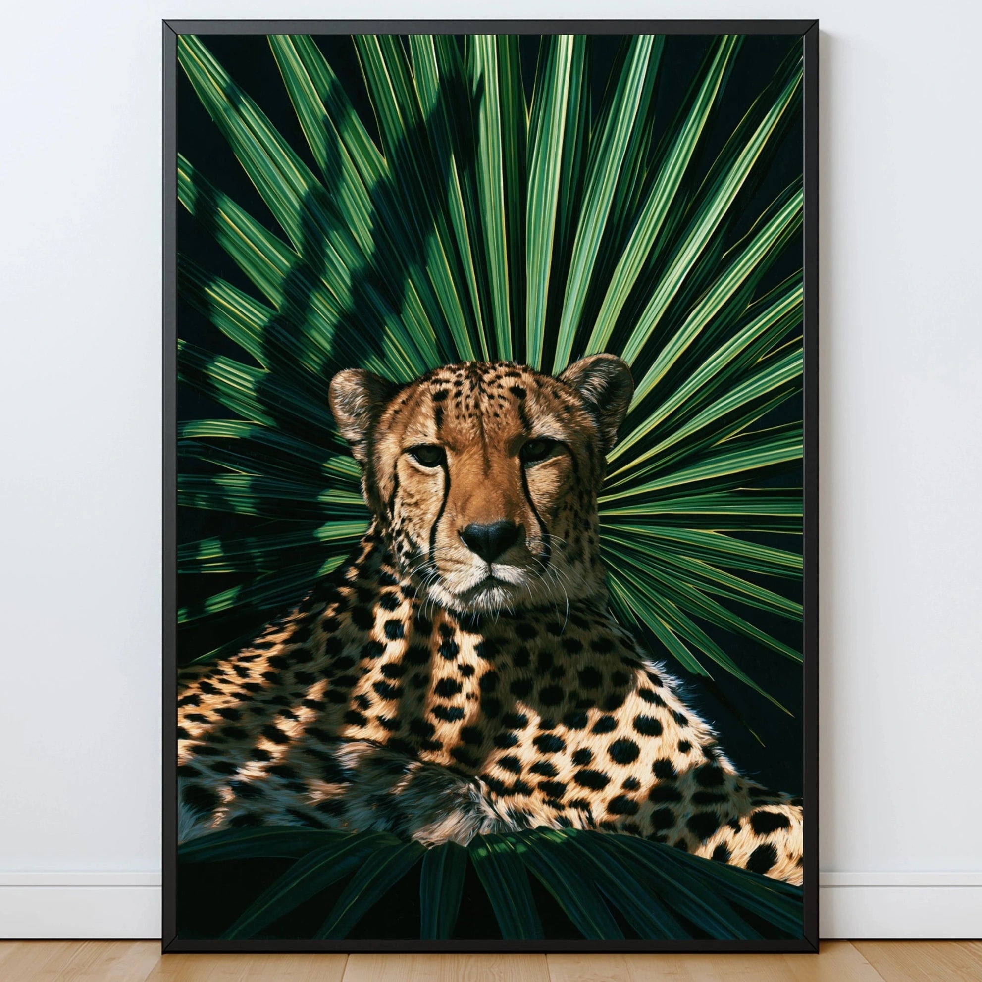 Cheetah Palm Shadow Poster, Tropical Wildlife Wall Art, Dark Botanical Print