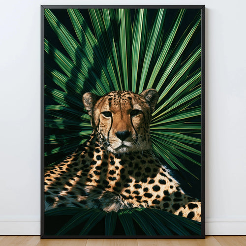 Cheetah Palm Shadow Poster, Tropical Wildlife Wall Art, Dark Botanical Print