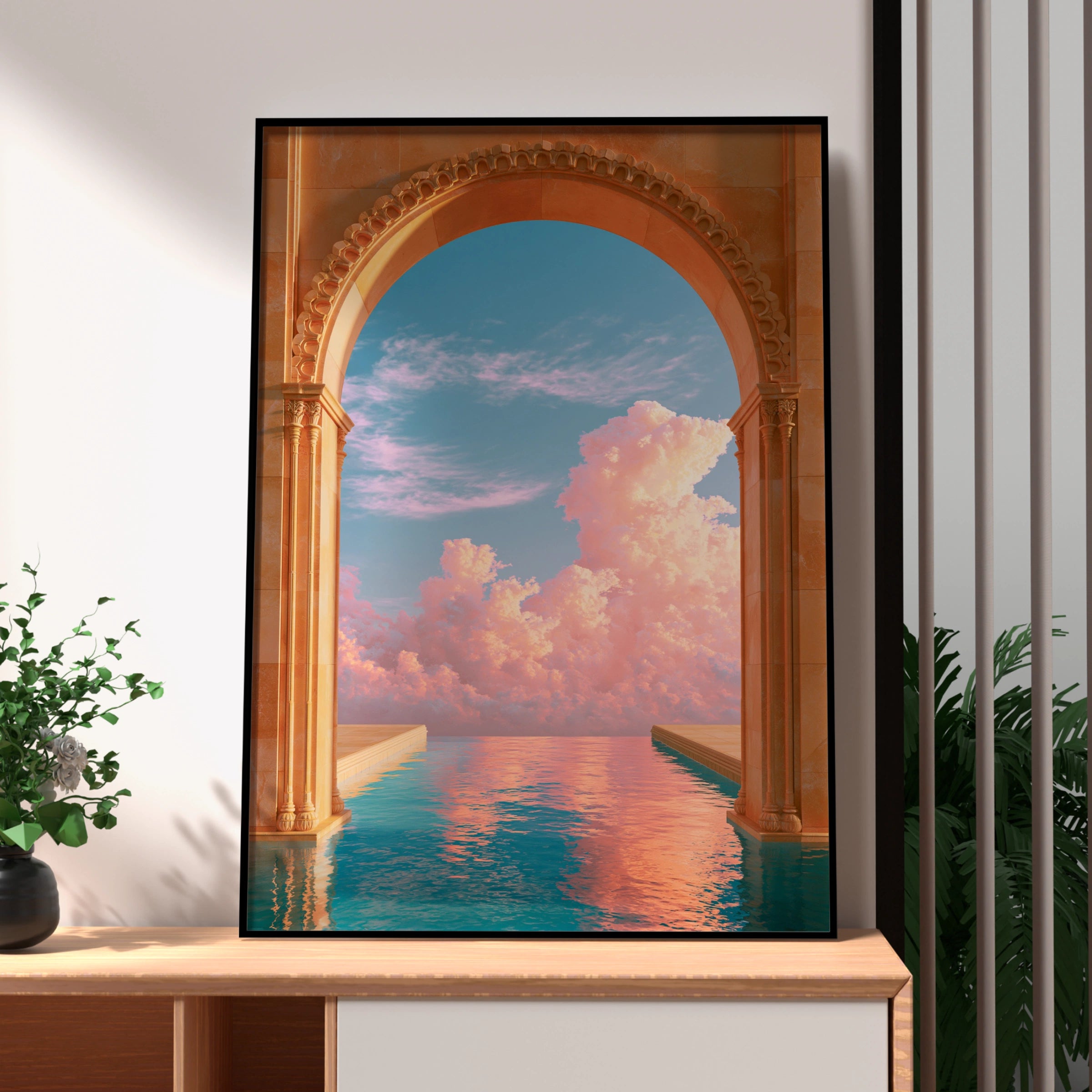 Arch Pool Dreamy Sky Poster, Surreal Architecture Print, Pastel Cloud Wall Art