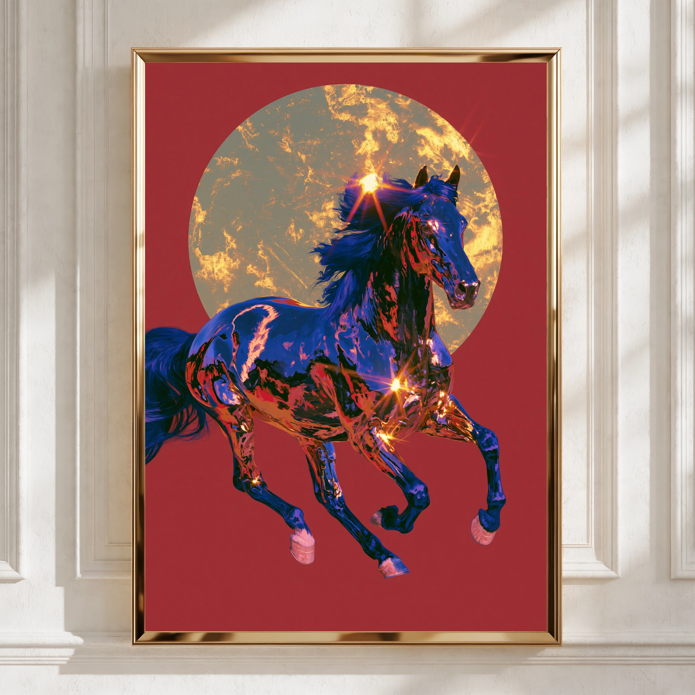 Chrome Horse Golden Sun Wall Art Poster, Red Bold Equestrian Print