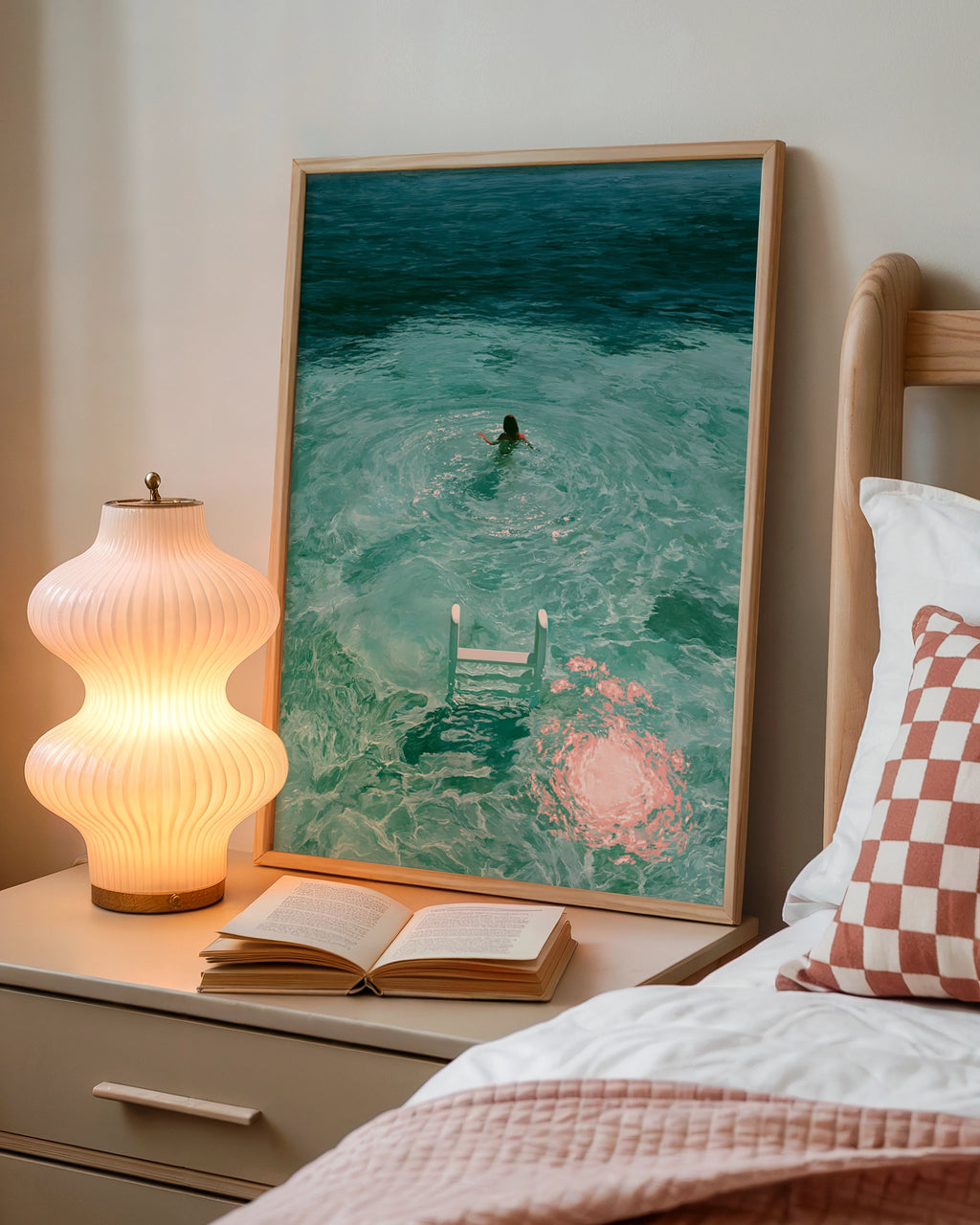 Woman Swimming in Turquoise Sea, Ladder Moon Poster, Dreamy Figurative Art