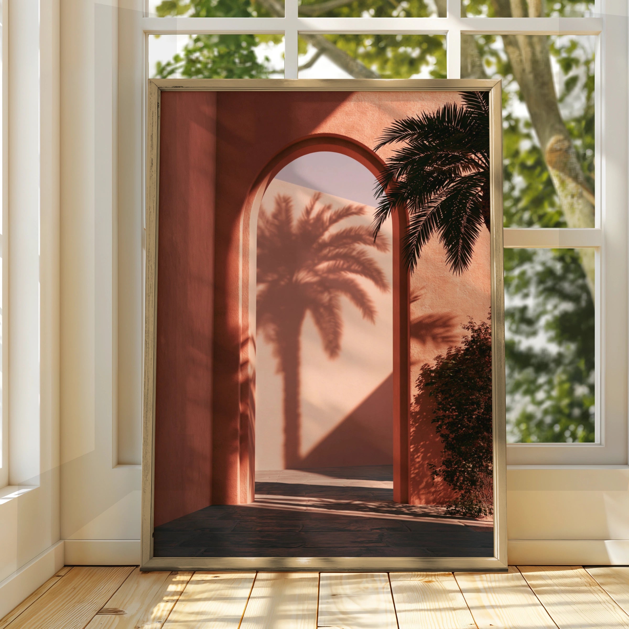 Terracotta Arch Palm Shadow Wall Art Poster, Mediterranean Architecture Print