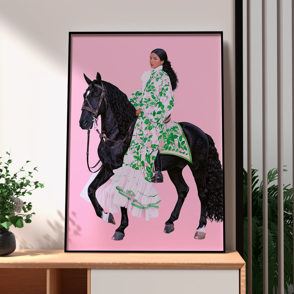 Woman on Black Horse Pink Background, Equestrian Poster, Floral Dress Art