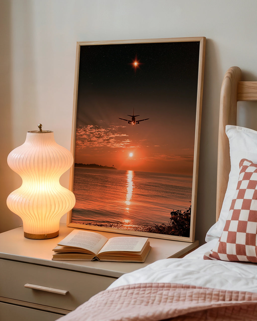 Plane Silhouette Sunset Beach Poster, Starry Sky Ocean Wall Art Print