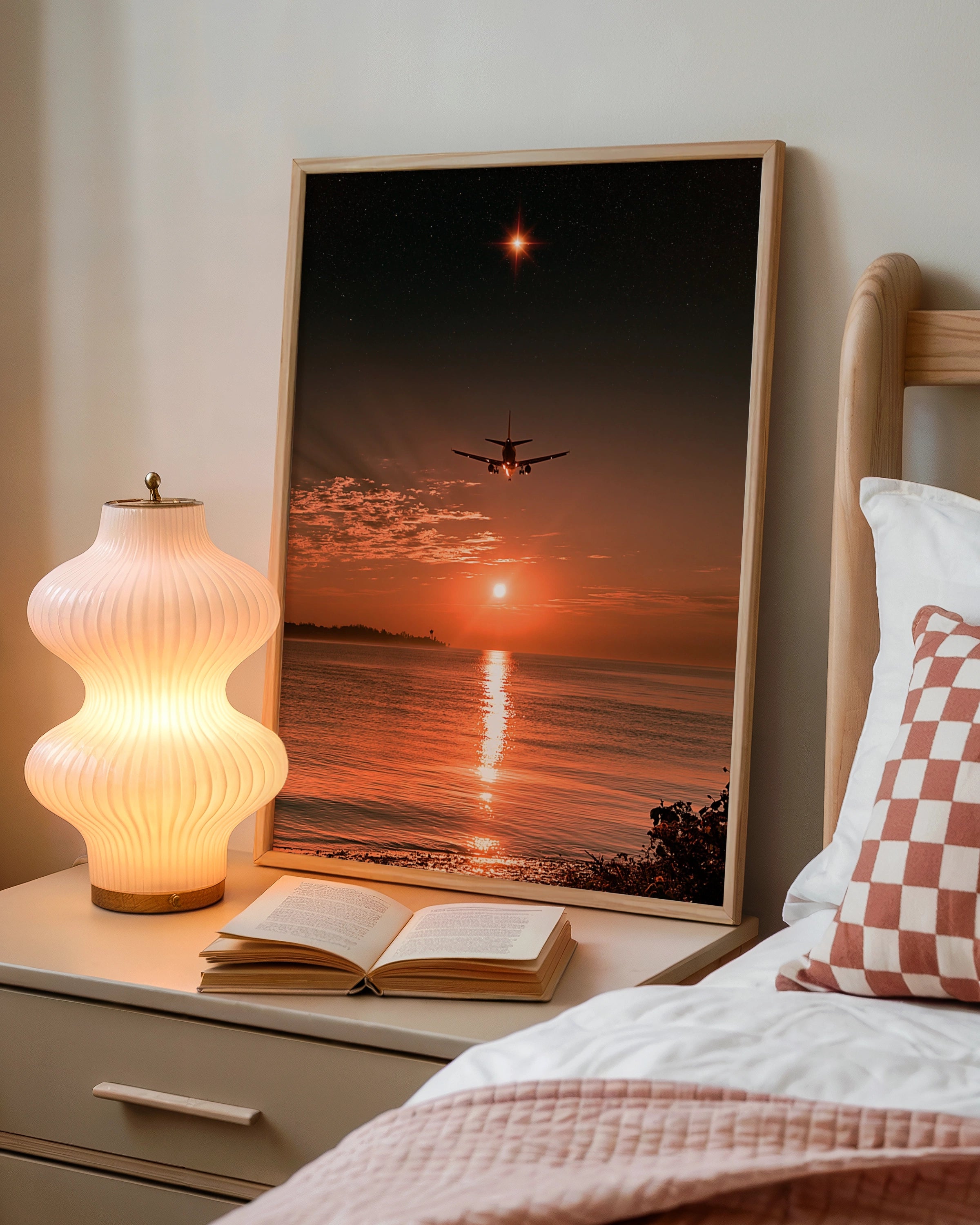 Plane Silhouette Sunset Beach Poster, Starry Sky Ocean Wall Art Print
