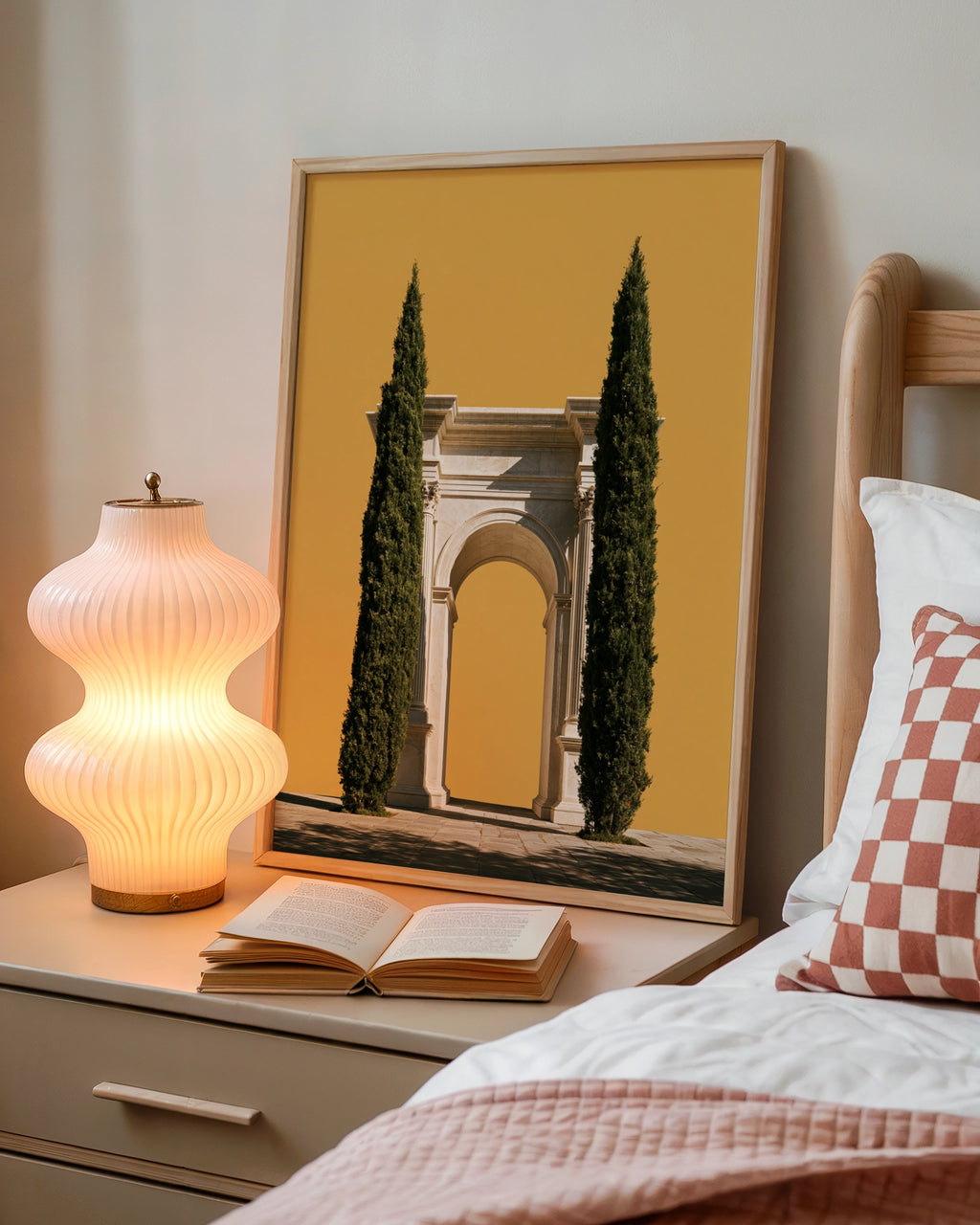 Roman Arch Cypress Trees Poster, Classical Architecture Print, Yellow Minimalist Wall Art