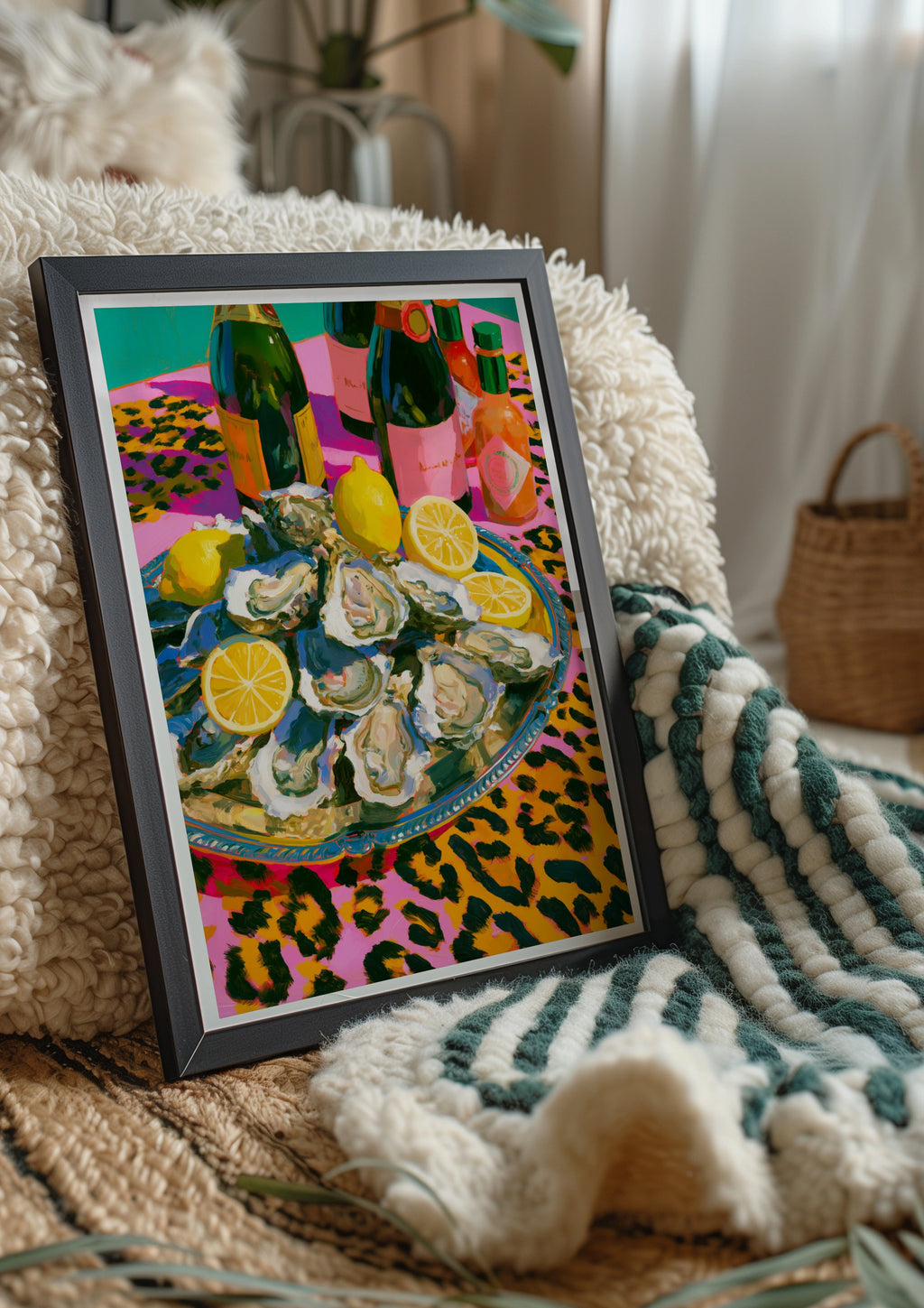 Oysters & Champagne Poster, Leopard Print Still Life, Bold Maximalist Wall Art