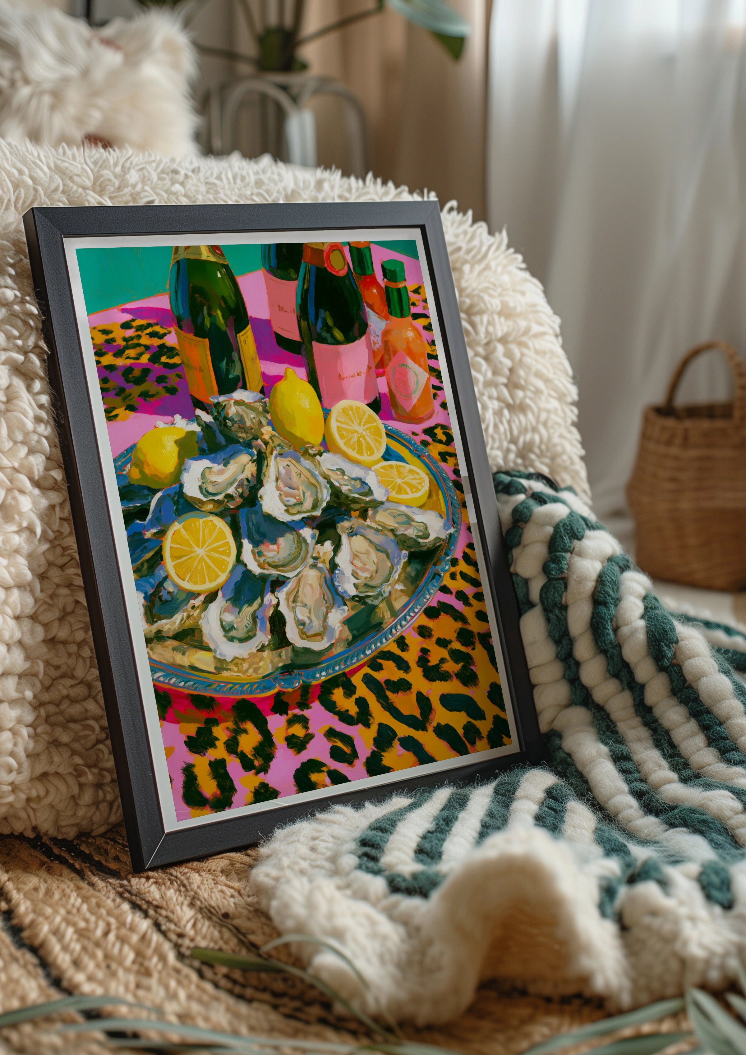 Oysters & Champagne Poster, Leopard Print Still Life, Bold Maximalist Wall Art