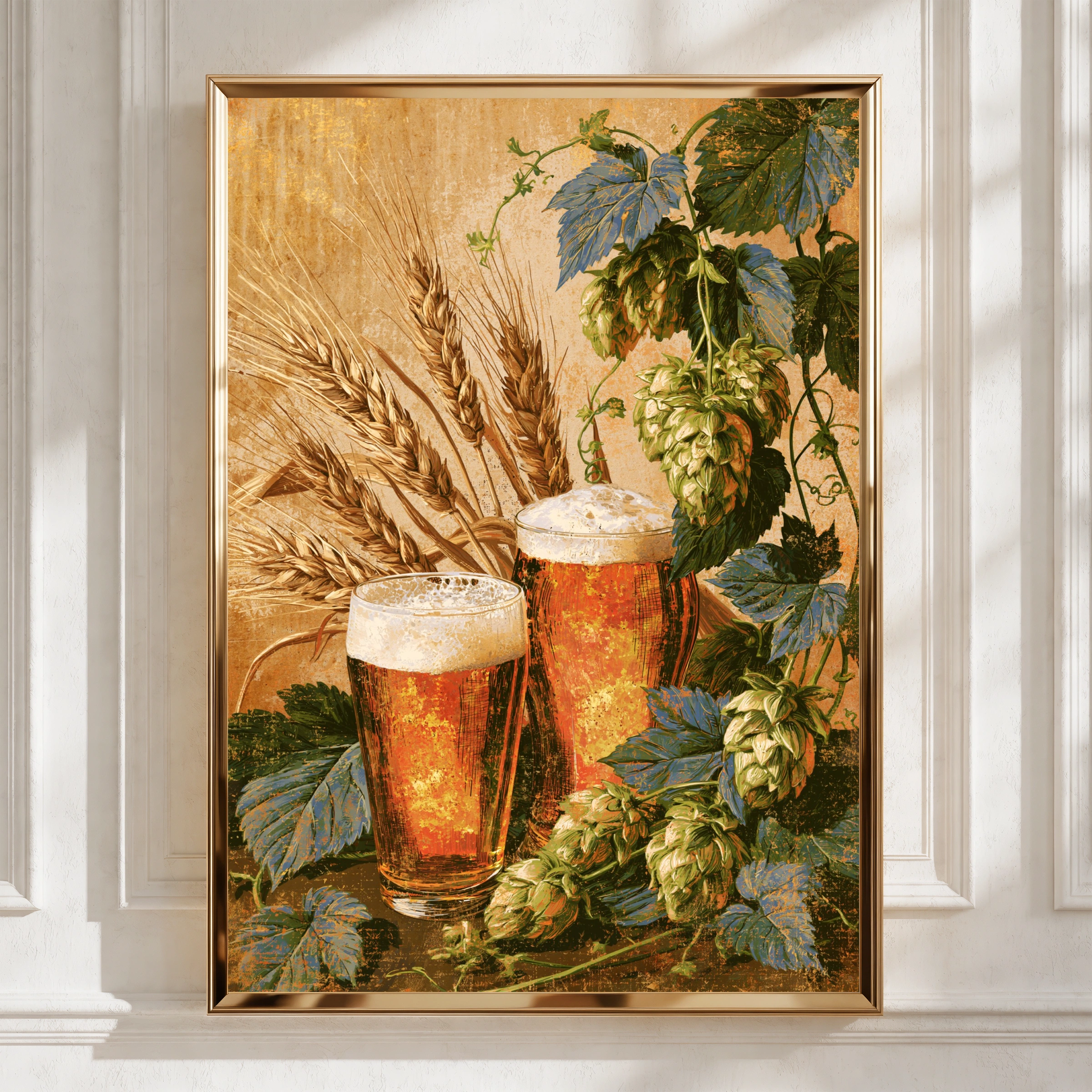 Beer Hops & Wheat Still Life Poster, Vintage Brewery Wall Art Print