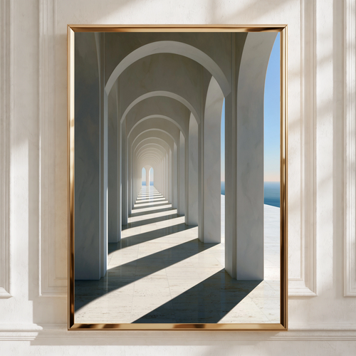 White Marble Archway Passage Poster, Minimalist Architecture Print, Coastal