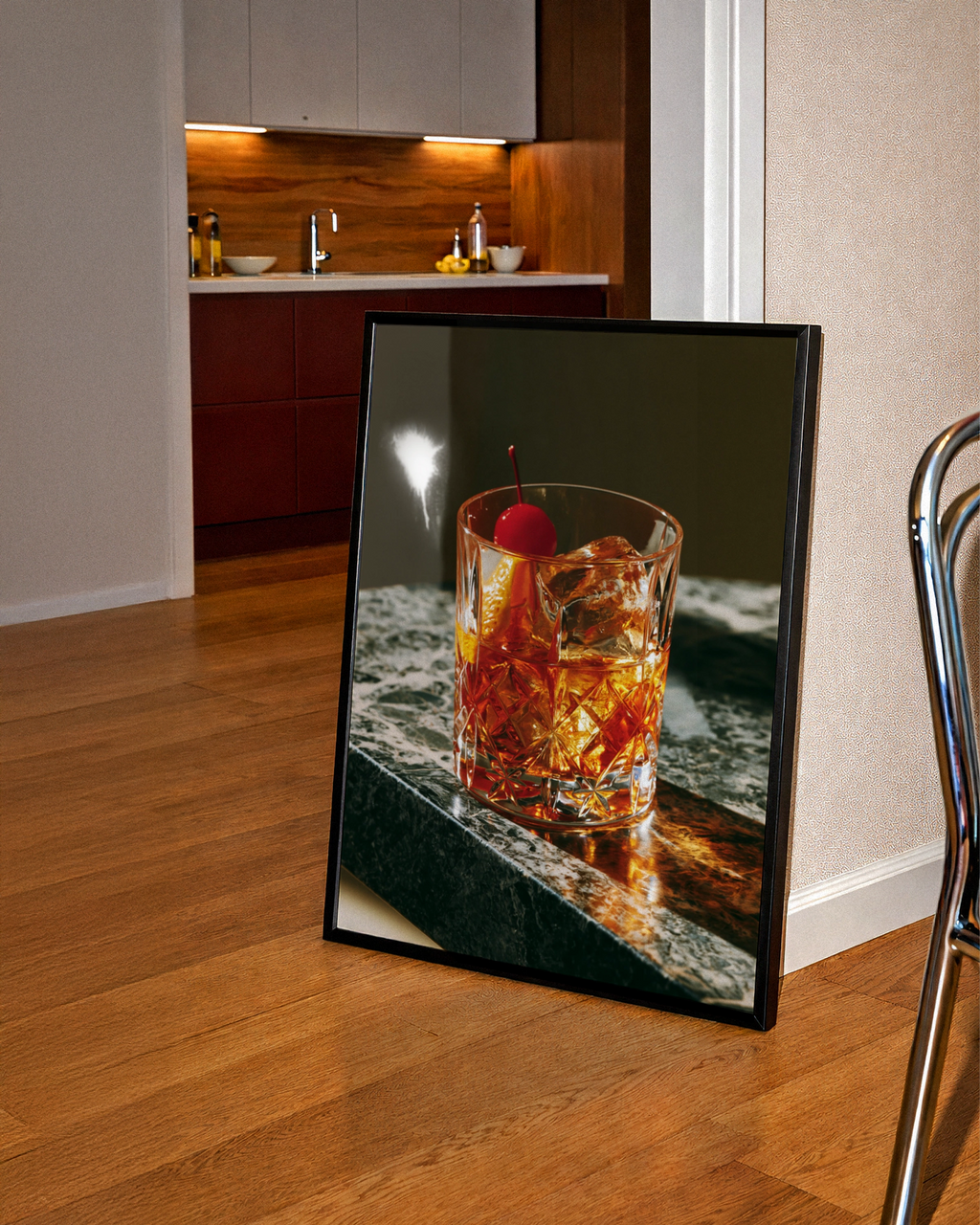 Old Fashioned Cocktail Poster, Whisky Bar Wall Art, Marble, Moody Print