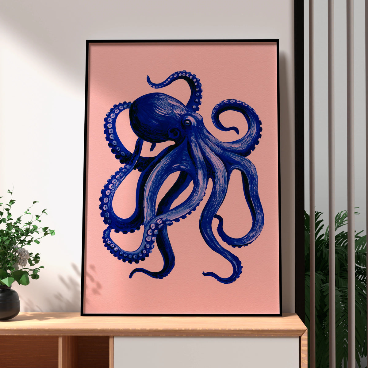 Blue Octopus Poster, Navy & Pink Wall Art, Bold Sea Creature Print