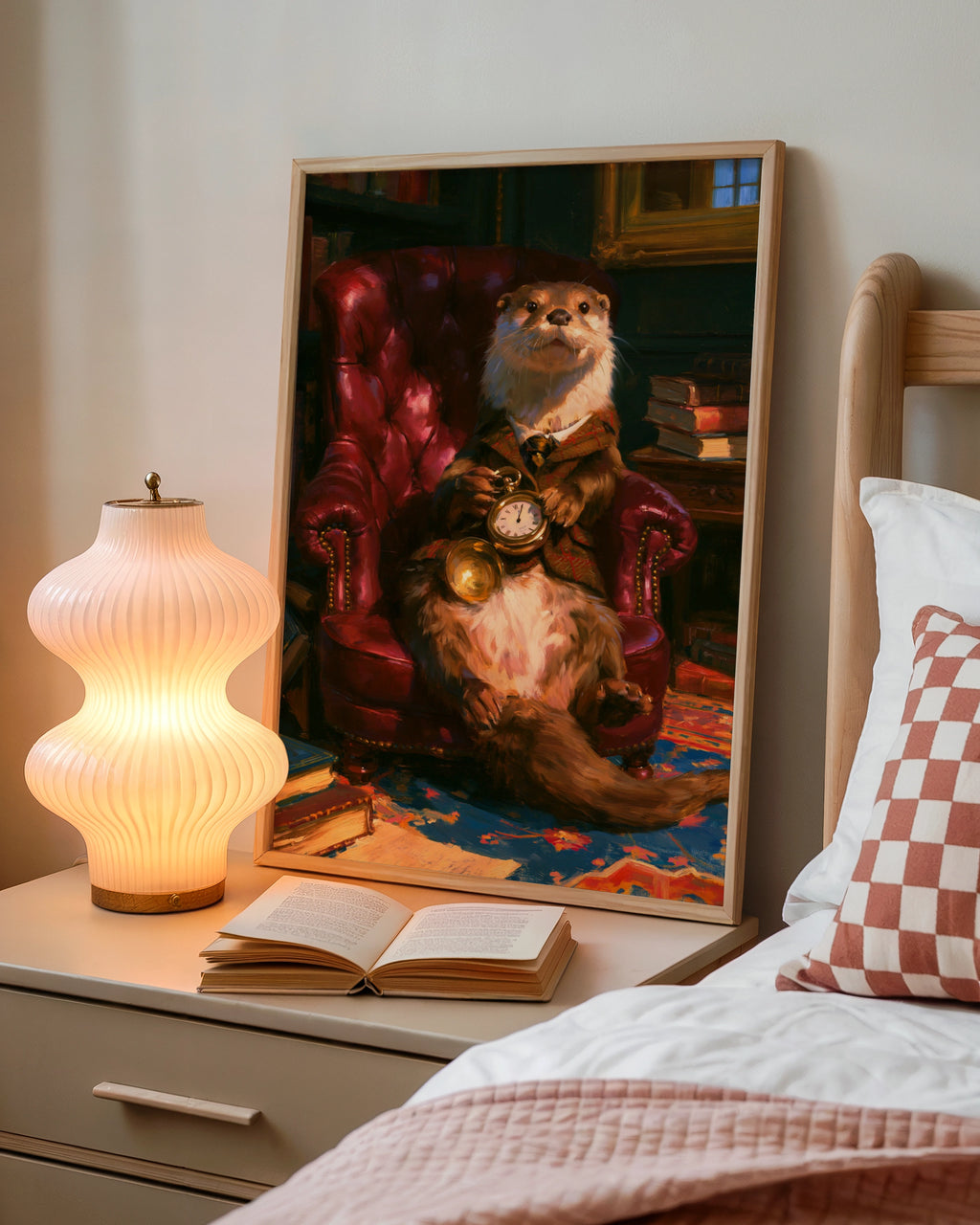Dapper Otter Portrait Poster, Pocket Watch Library Armchair, Oil Painting Style