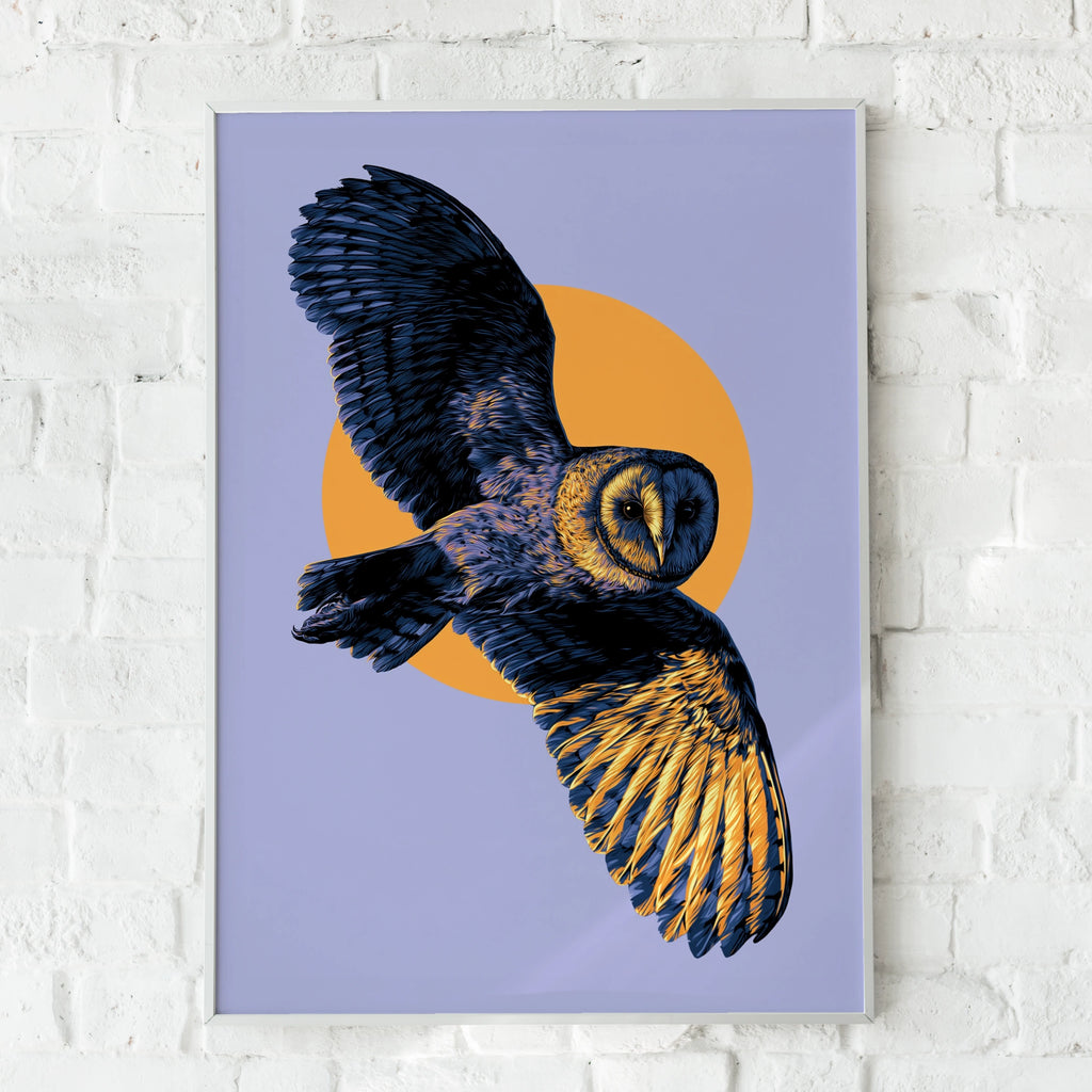 Barn Owl in Flight Poster, Yellow Purple Wildlife Wall Art Print
