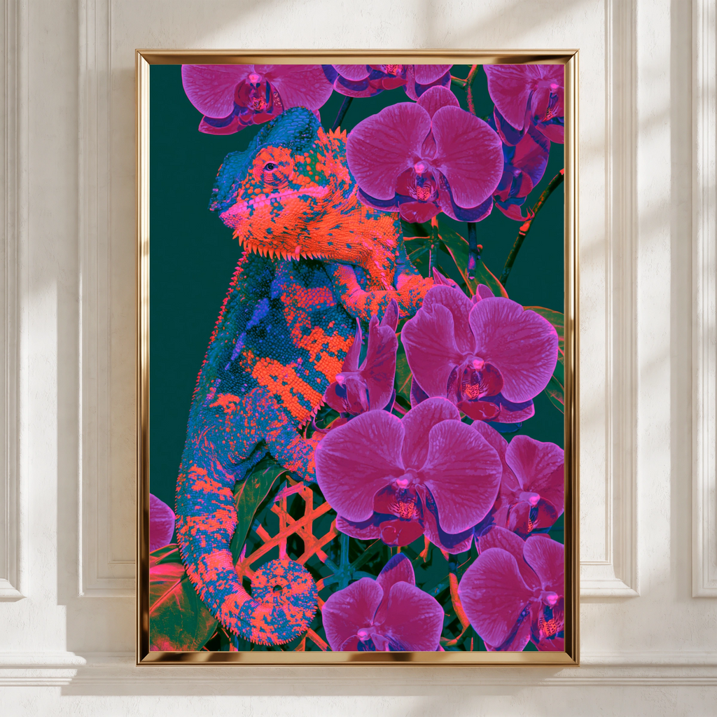 Chameleon Orchid Poster, Bold Orange Purple Tropical Wall Art, Neon Wildlife Print