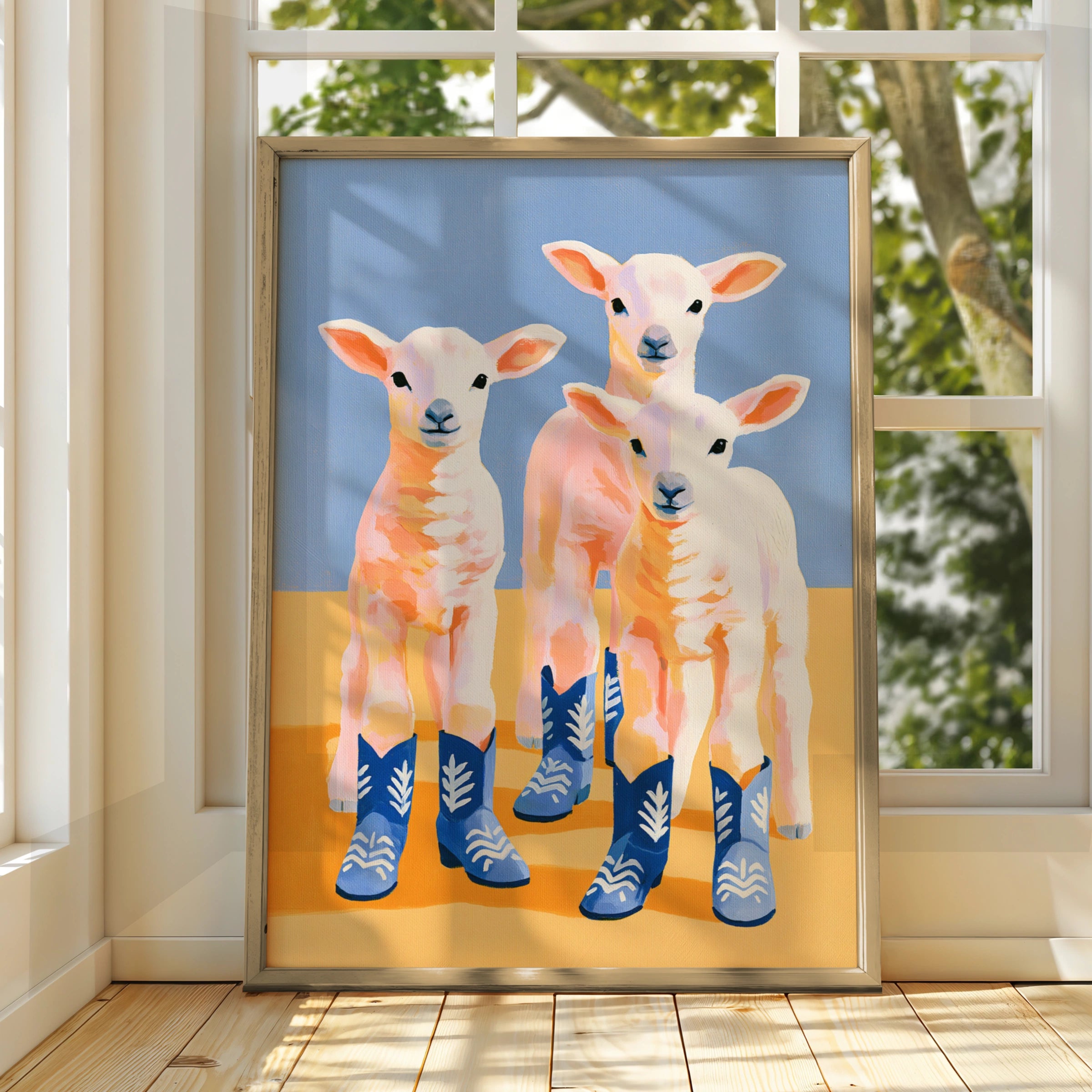 Lambs in Cowboy Boots Poster, Funny Sheep Wall Art, Quirky Animal Print