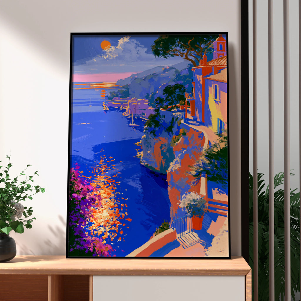 Mediterranean Seaside Sunset Wall Art Poster, Coastal Cliffside Print, Bold Colourful Style