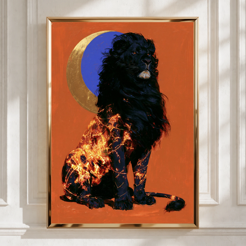 Black Lion Moon Wall Art Poster, Celestial Wildlife Print, Bold Red Gold