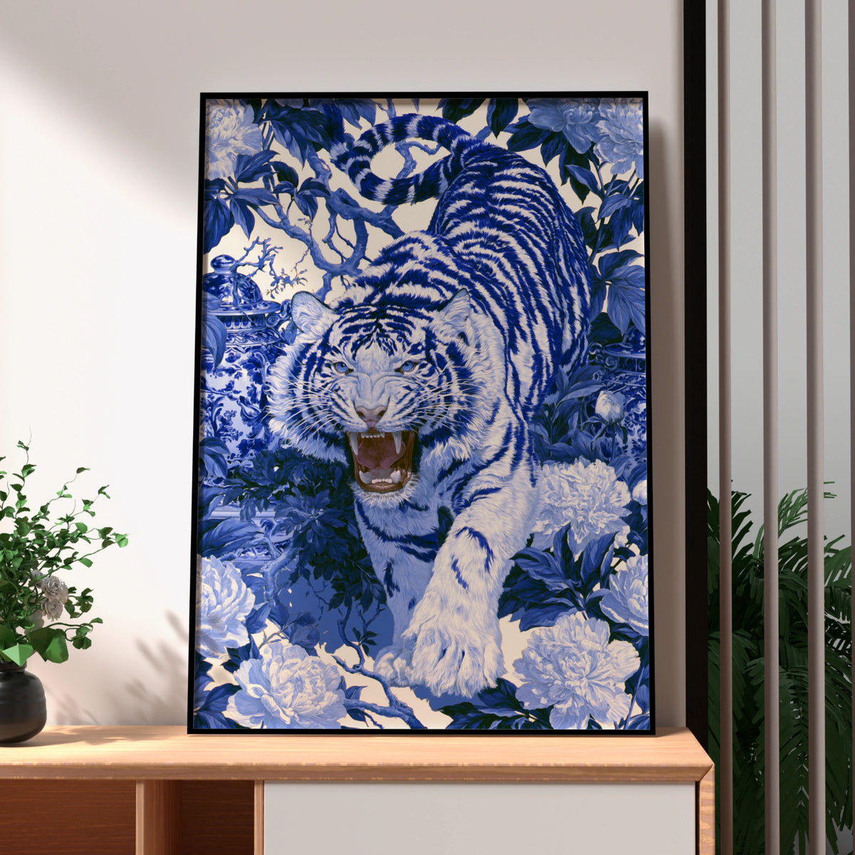 Roaring Tiger Chinoiserie Poster, Blue White Floral Wall Art Print
