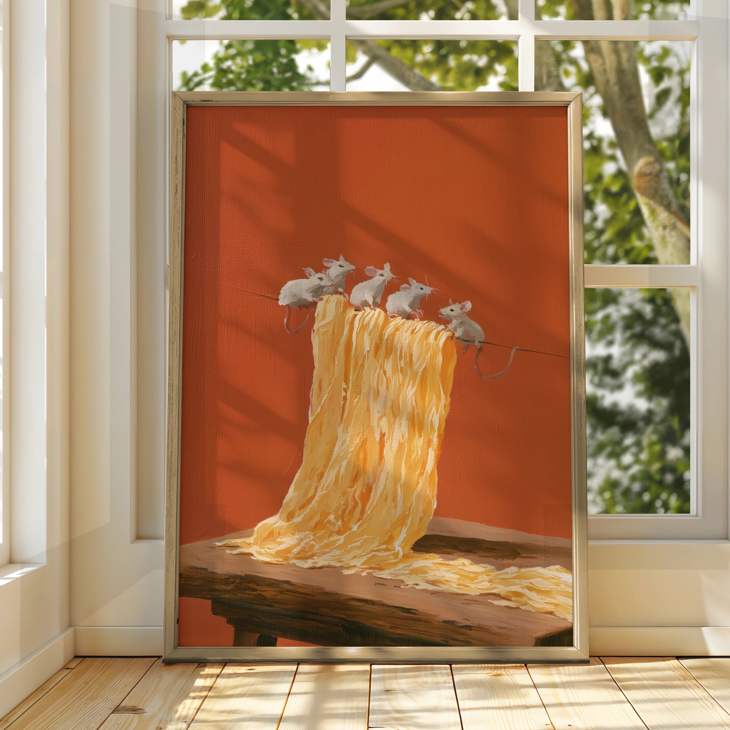 Mice on Pasta Poster, Whimsical Kitchen Wall Art, Oil Painting Style Print