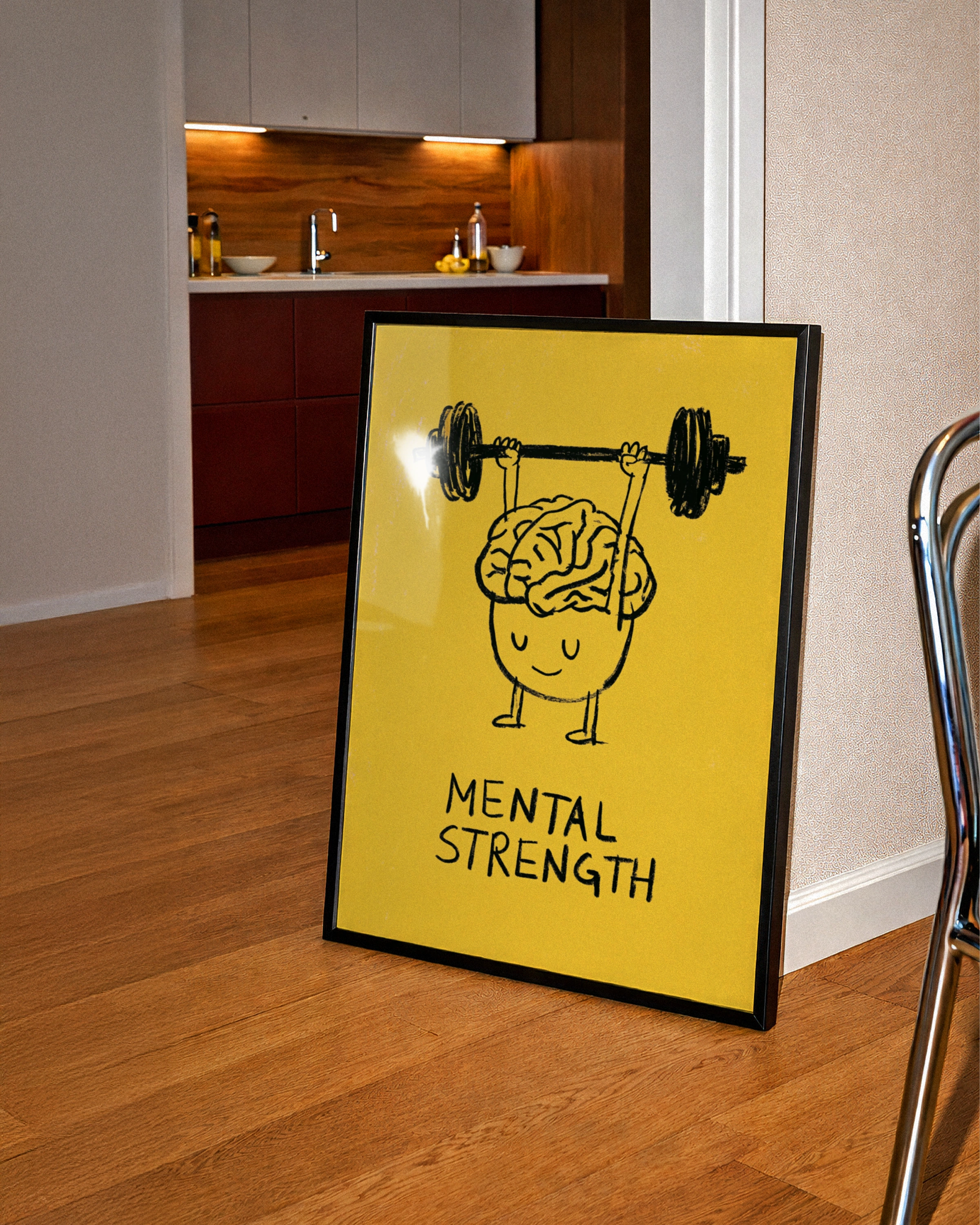 Mental Strength Brain Weightlifting Poster, Motivational Wall Art, Yellow Bold Print