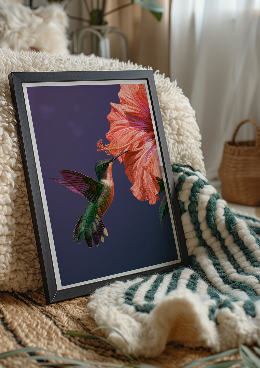 Hummingbird Hibiscus Poster, Botanical Bird Wall Art, Vibrant Illustration Print