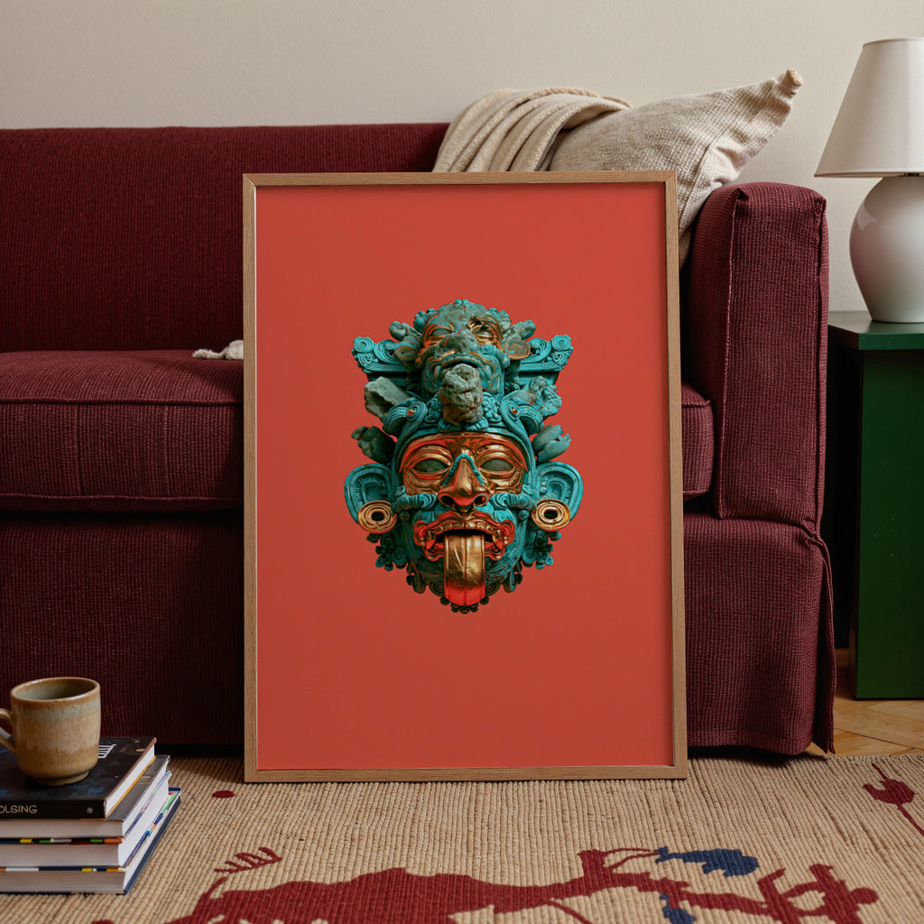 Aztec Mask Poster, Turquoise Red Gold Deity Art, Mesoamerican Wall Print