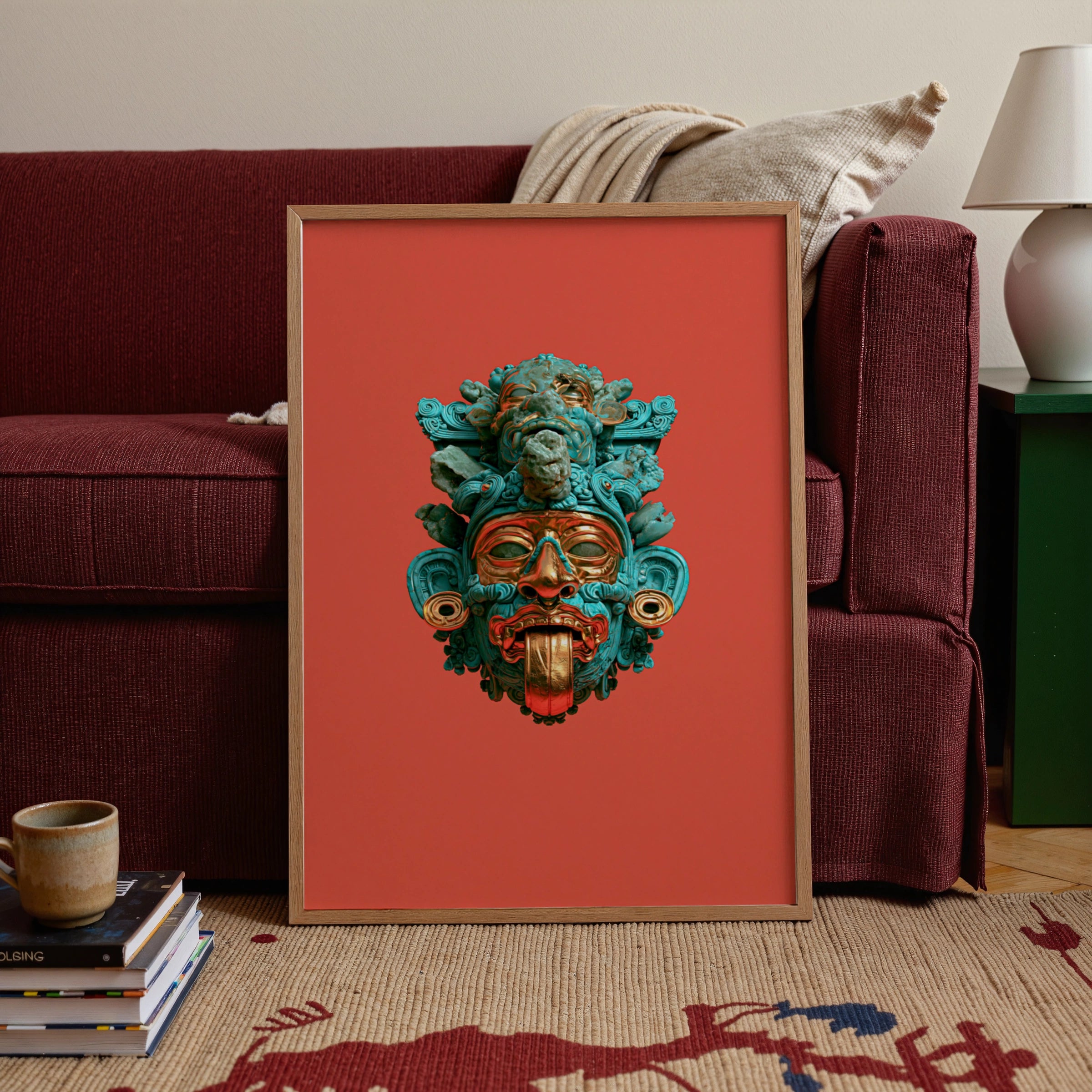 Aztec Mask Poster, Turquoise Red Gold Deity Art, Mesoamerican Wall Print