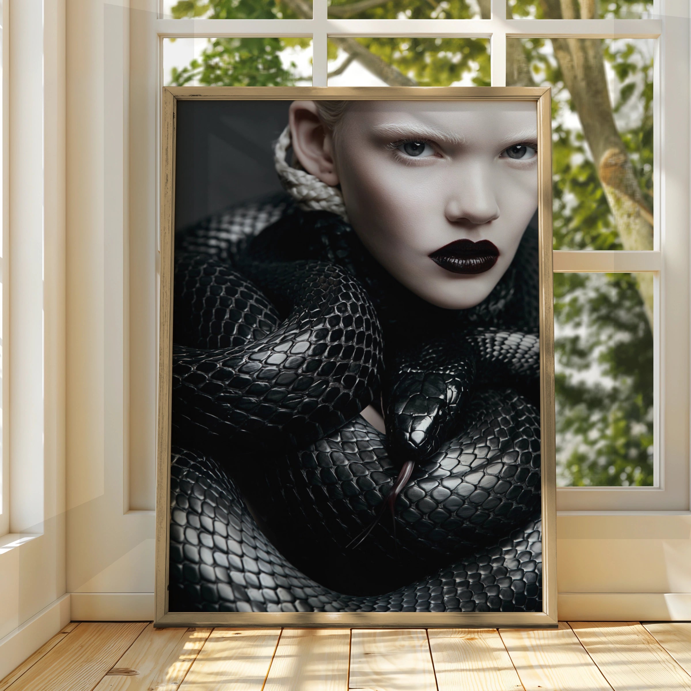 Black Snake Model Portrait Poster, Dark Gothic Fashion Wall Art Print