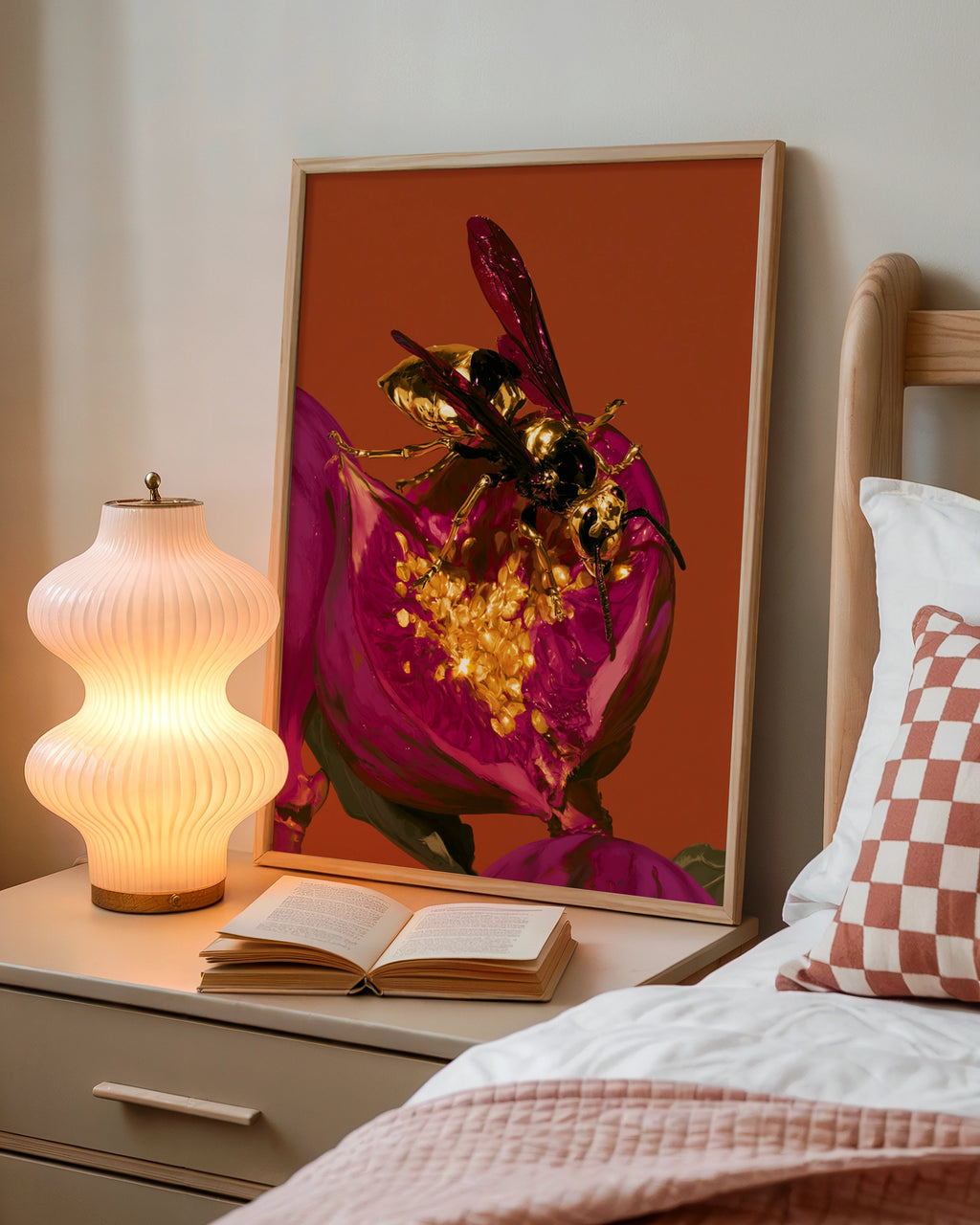 Gold Wasp on Fig Flower Poster, Bold Orange Magenta Wall Art Print