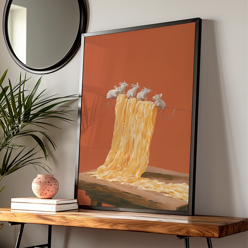 Mice on Pasta Poster, Whimsical Kitchen Wall Art, Oil Painting Style Print