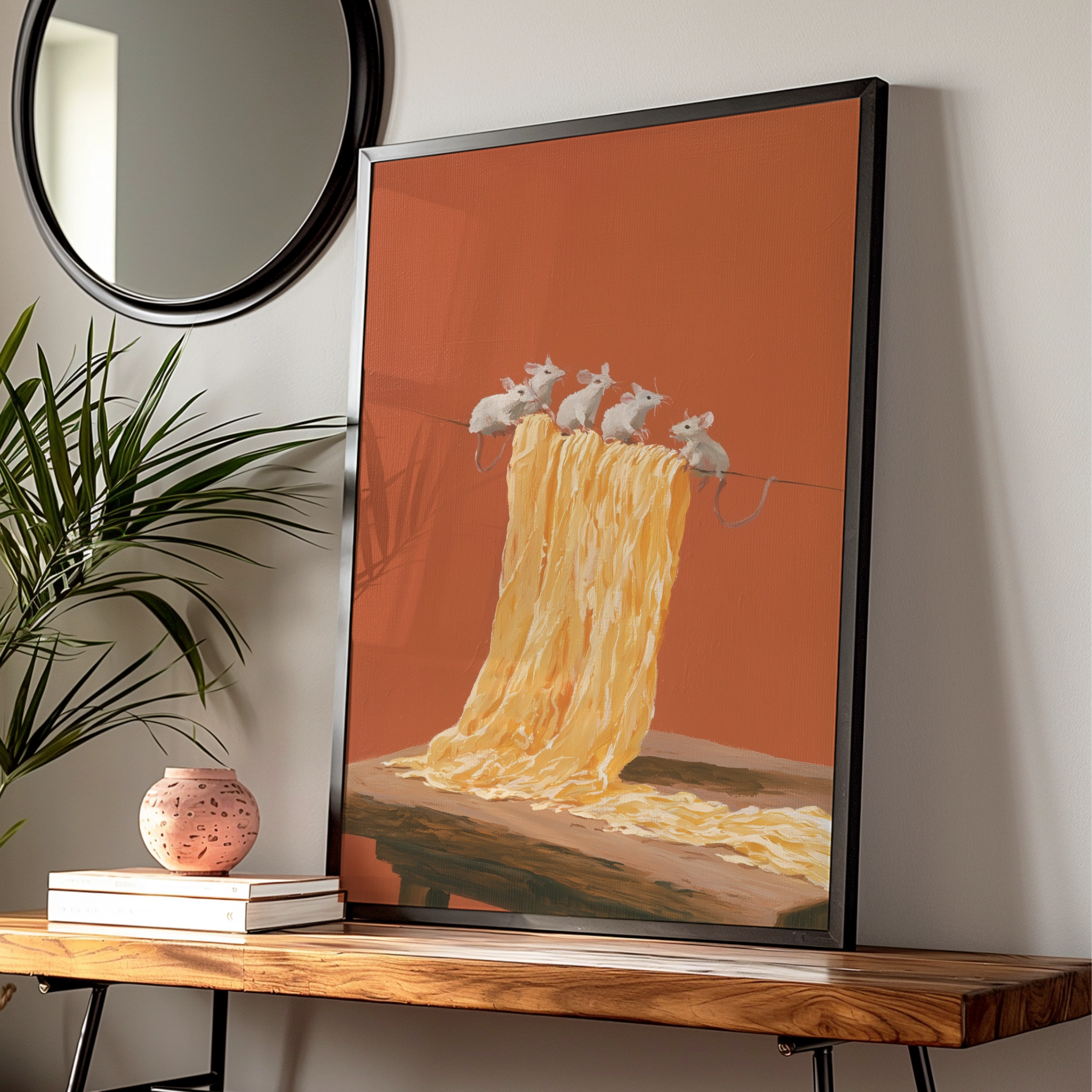 Mice on Pasta Poster, Whimsical Kitchen Wall Art, Oil Painting Style Print