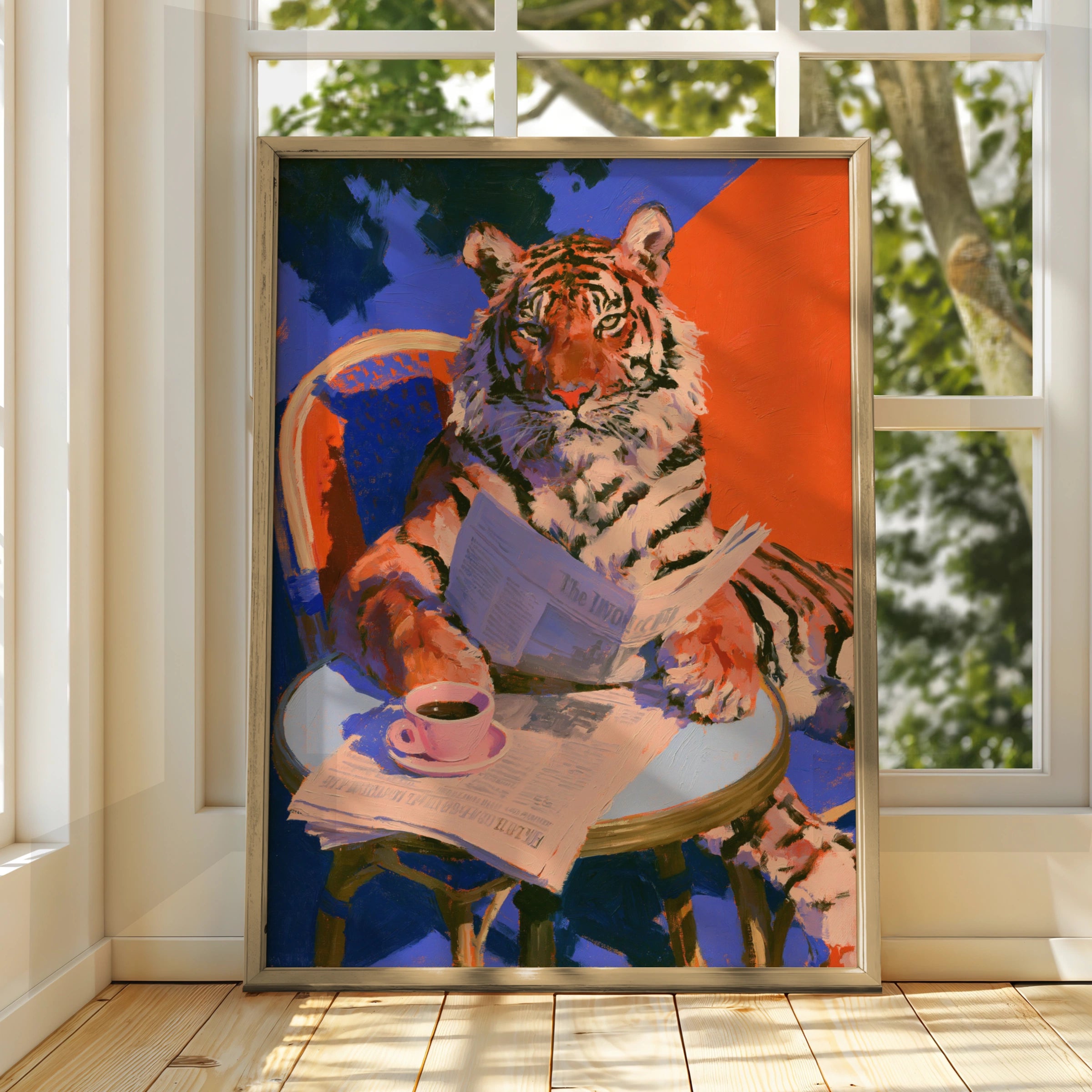 Tiger Reading Newspaper Coffee Table Poster, Bold Colourful Animal Art Print